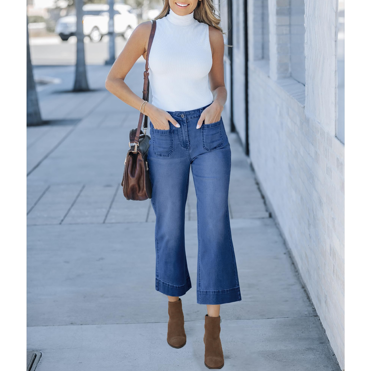 Women's Wide Leg Jeans Denim Pants Crop Flare Leg Jeans High Waisted Stretchy Straight Leg with Buttoned AnklesTrendy Casual with Pocket