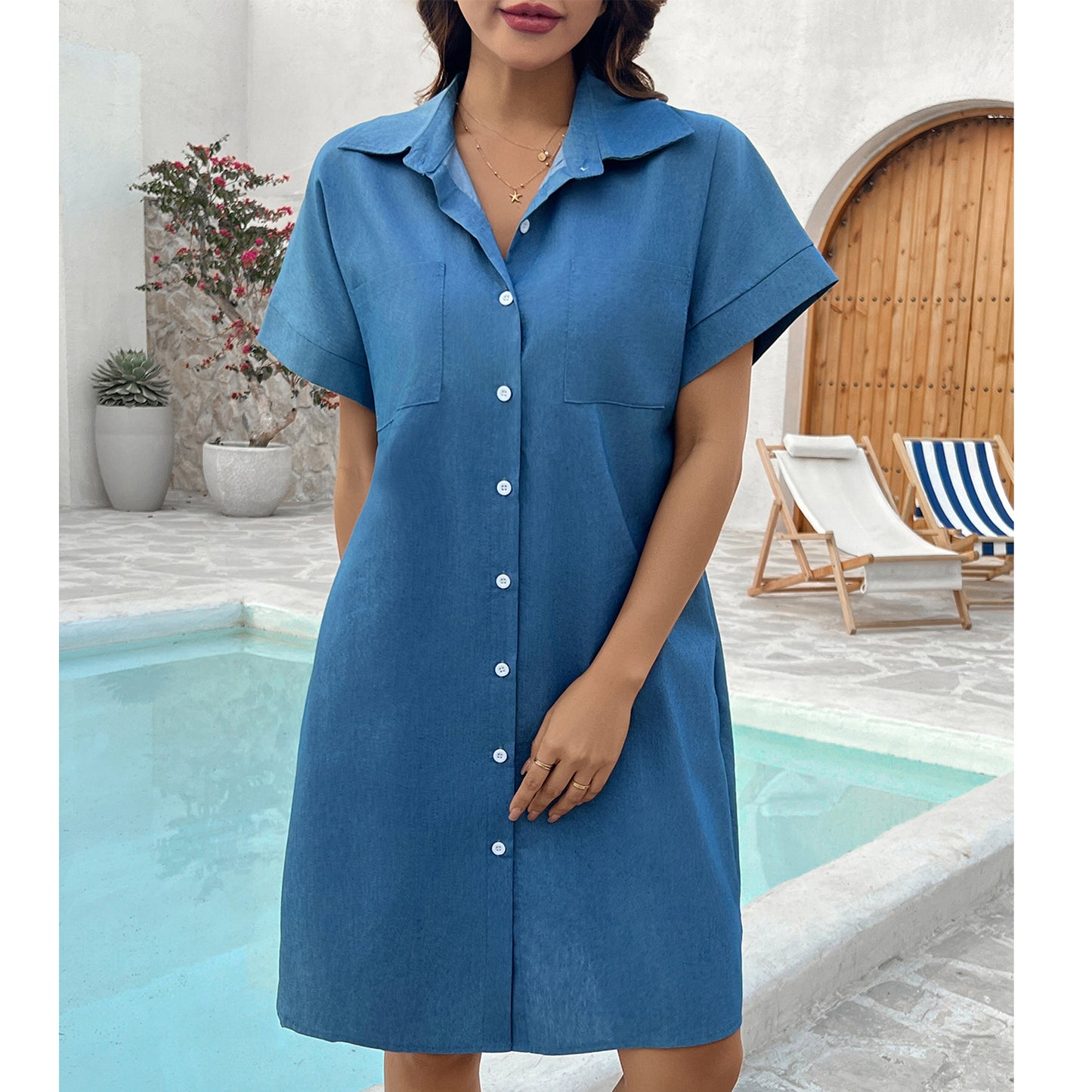 SOMER Women's Tshirt Denim Jean Dress Summer Mini Button Down Short Sleeve Beach Sundress Vintage Knee with Pockets Girls Spring Dresses Blue