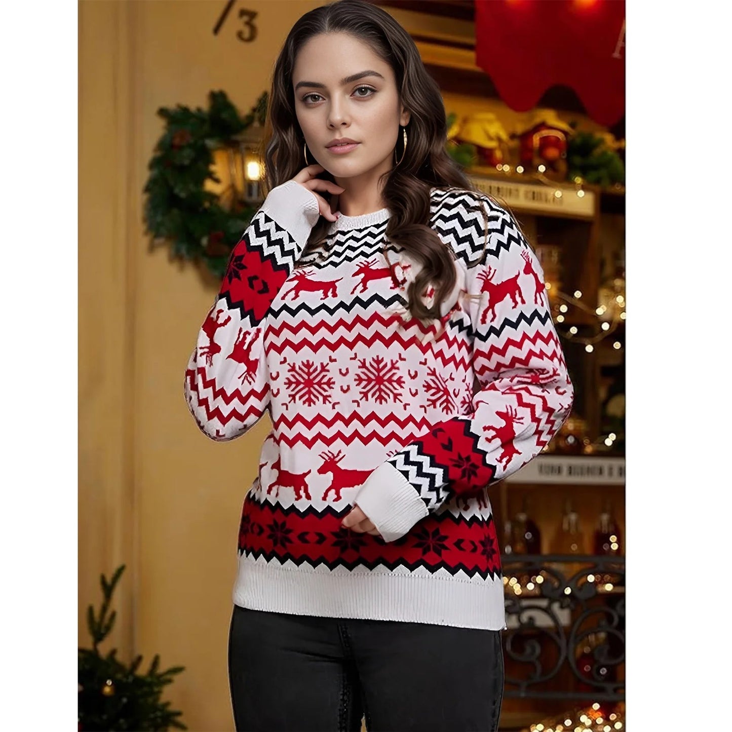 SOMER Women Christmas Sweater Family Couples Warm Thick Casual Knitted Pullover Top Xmas Elk Snowflake Reindeer Sweatshirt for Holiday Party New Year