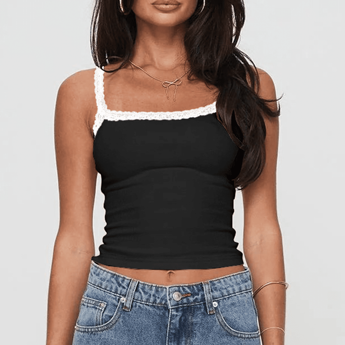 SOMER Women's Tank Top Lace Trim Ribbed 2025 Summer Square Neck Sleeveless Cropped Camisole, Stretchy Slim Fit Basic Cami for Casual Club Party Layering