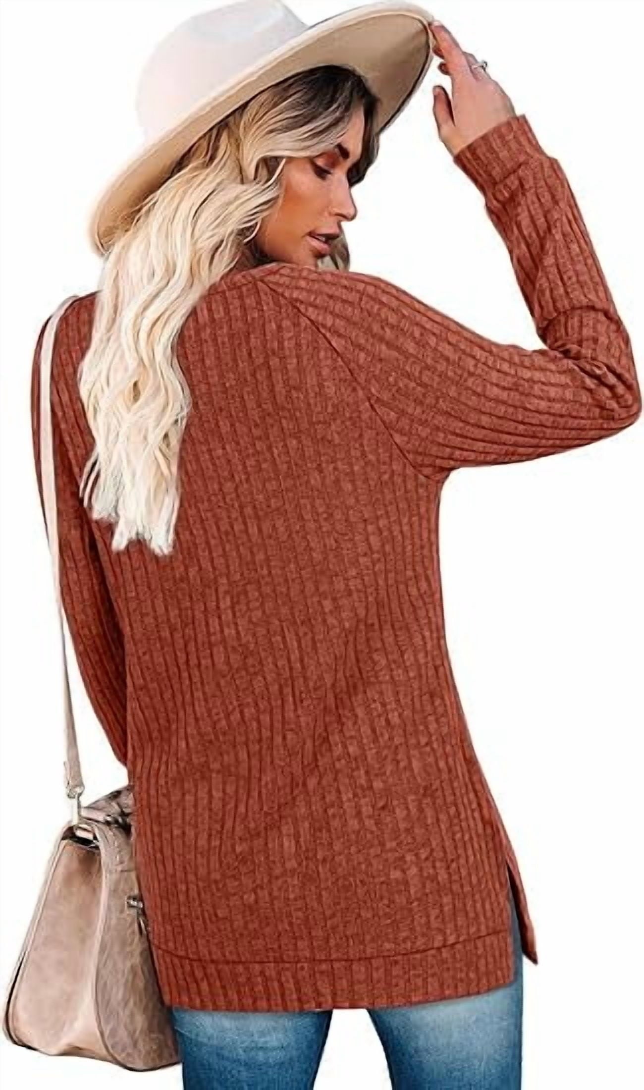 SOMER Long Sleeve Shirts for Women Knit Sweaters Pullover Side Slit Tops for Women Ribbed Knit Fall Shirts