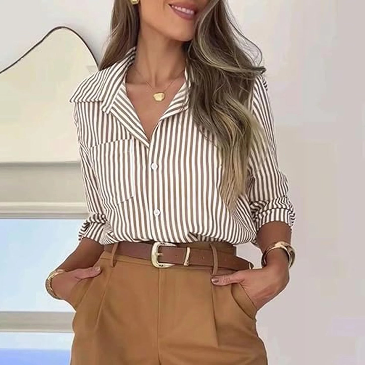 SOMER Striped Button Down Shirts for Women Dress Shirts Long Sleeve Casual Collared Office Work Shirt with Pocket