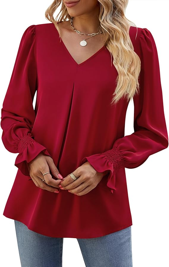 SOMER Shirts Long Sleeve Shirts for Women Tops Dressy Casual V Neck Tunic Shirts Loose Chiffon Work Blouse.
