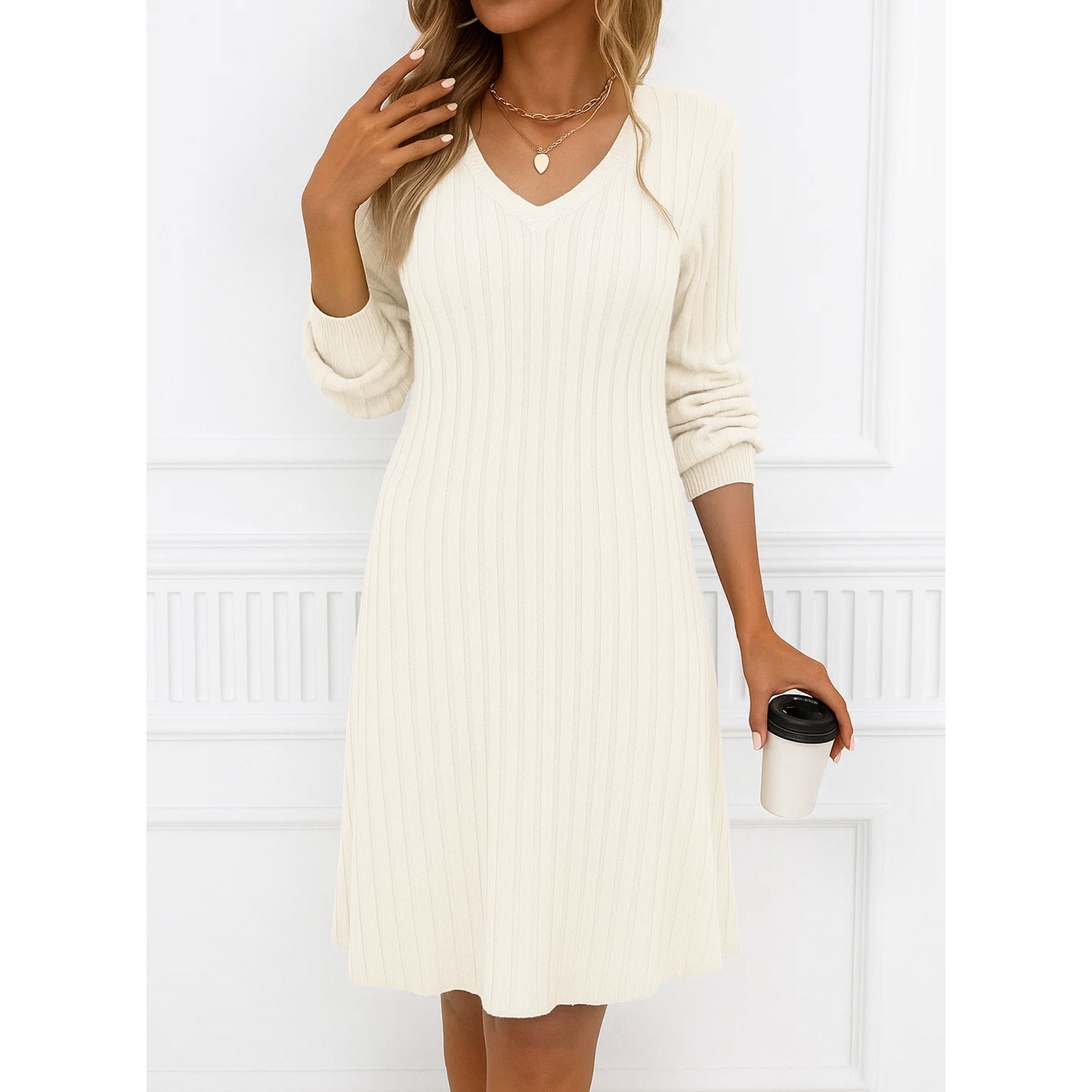 SOMER Women Dresses Plain Casual Long Sleeve Dress V Neck A-Line Pullover Wedding Guest Midi Dress for Fall Winter and Spring