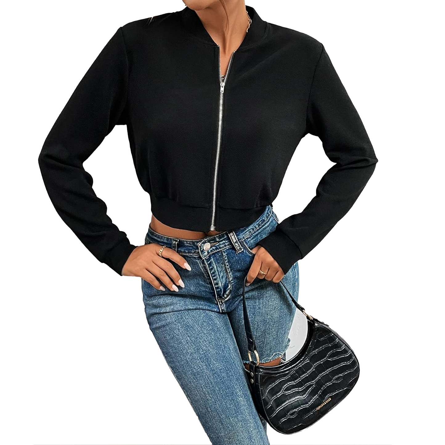 SOMER Bomber Jacket Women Lightweight Casual Zip Up Black Jacket Cropped Long Sleeve Fashion, Fall 2025