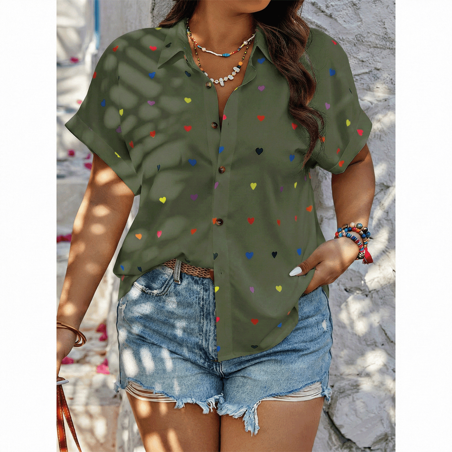 SOMER Plus Size Button Down Shirts for Women Blouses Short Sleeve V Neck Cute Heart Print Shirts Casual Summer Vacation Tops Loose Fit