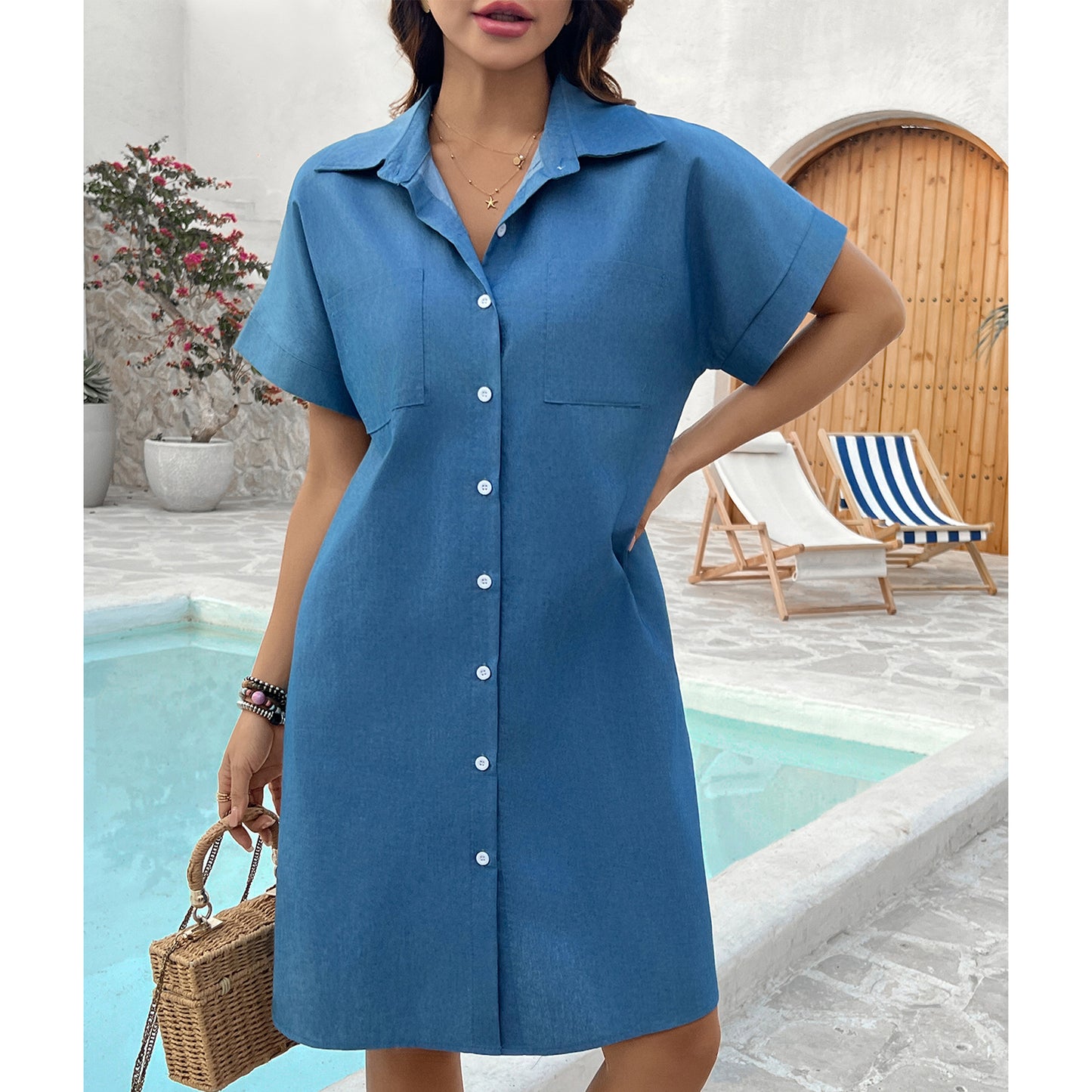 SOMER Women's Tshirt Denim Jean Dress Summer Mini Button Down Short Sleeve Beach Sundress Vintage Knee with Pockets Girls Spring Dresses Blue