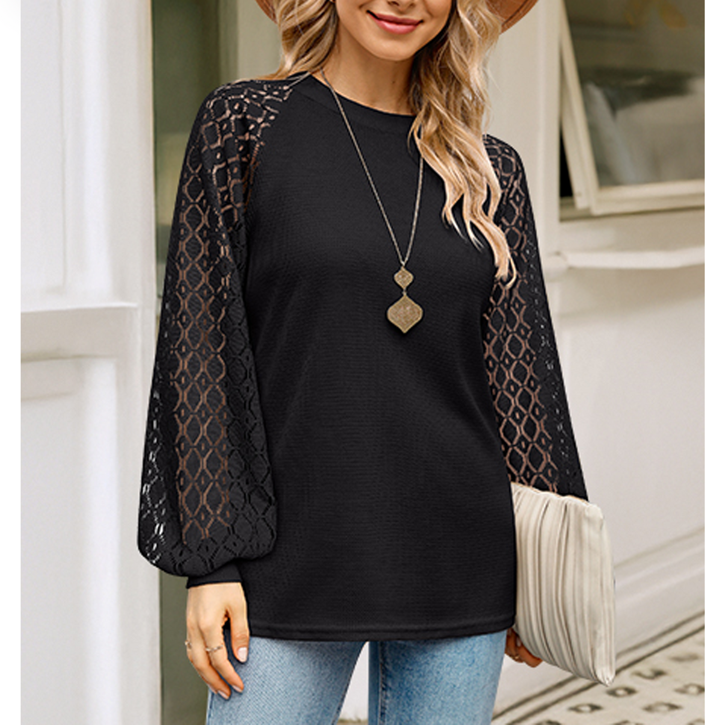 SOMER Womans Tops Fall Long Sleeve Shirts Pleated Lace Tops Casual Loose Blouses T Shirts