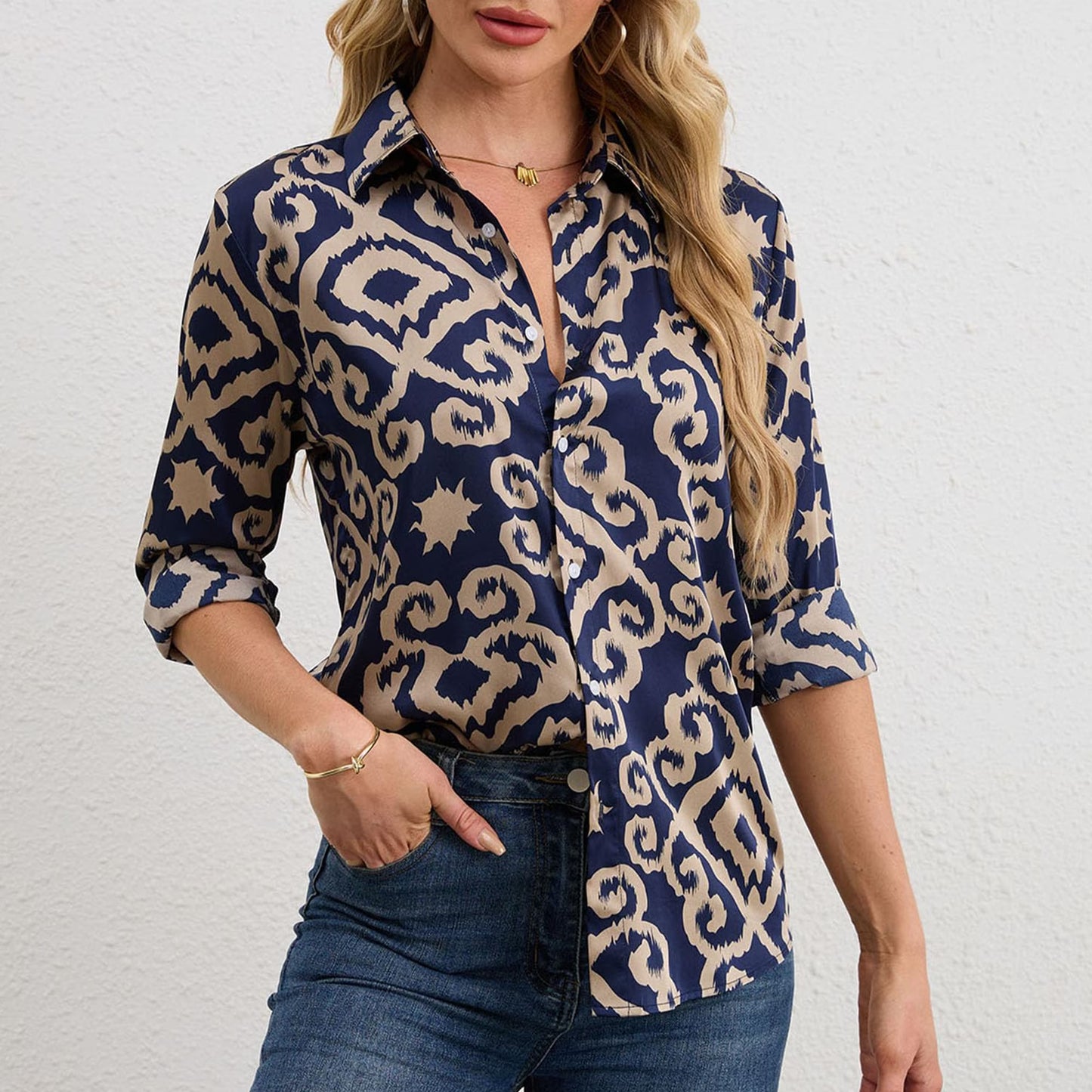 SOMER Button Down Shirts for Womens Dressy Casual Silky Printed Wrinkle-Resistant Long Sleeve Shirts Blouses Tops