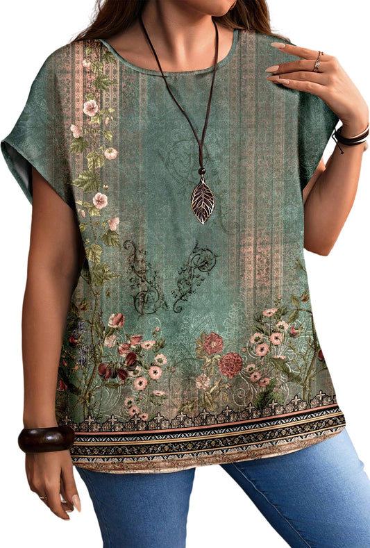 SOMER Plus Size Tops For Women Vintage Floral Print Loose Short Sleeve T-Shirt Casual Summer Crew Neck Top