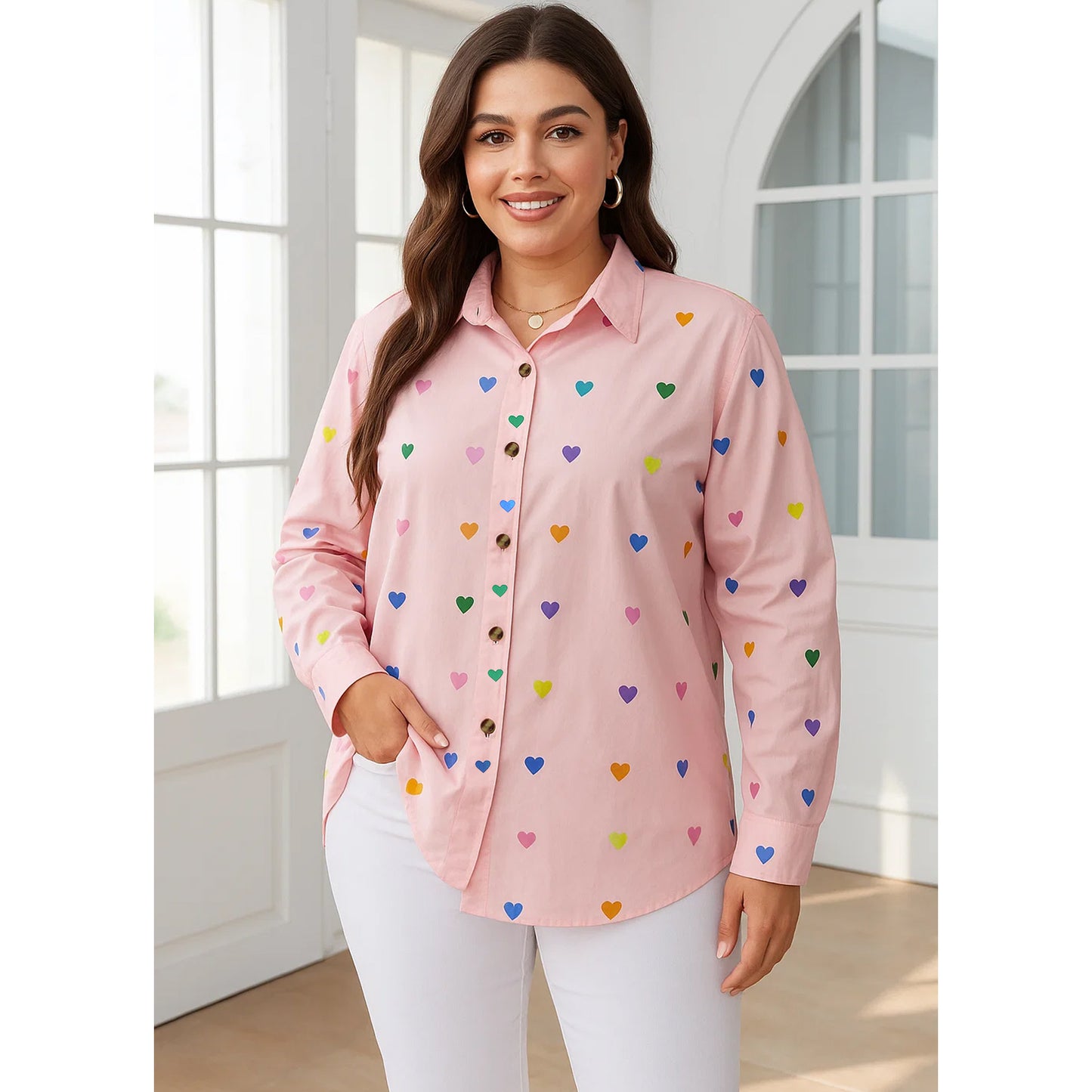 SOMER Woman Blouses Plus Size Heart Print Long Sleeve Tops Button Down Shirts Collared Neck Pink