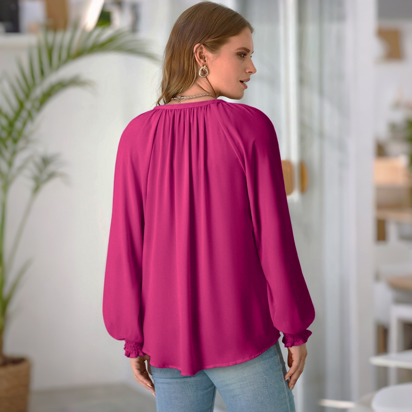 SOMER Blouses for Women Dressy Casual, Trendy V Neck Long Sleeve Shirts for Women, Elegant Casual Womens Fall Tops Pleated Cuffs 2025