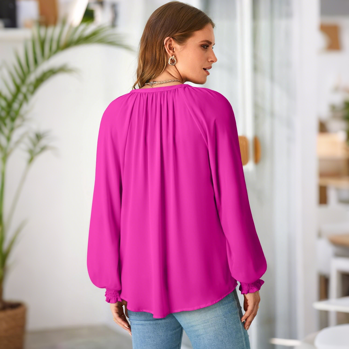 SOMER Blouses for Women Dressy Casual, Trendy V Neck Long Sleeve Shirts for Women, Elegant Casual Womens Fall Tops Pleated Cuffs 2025