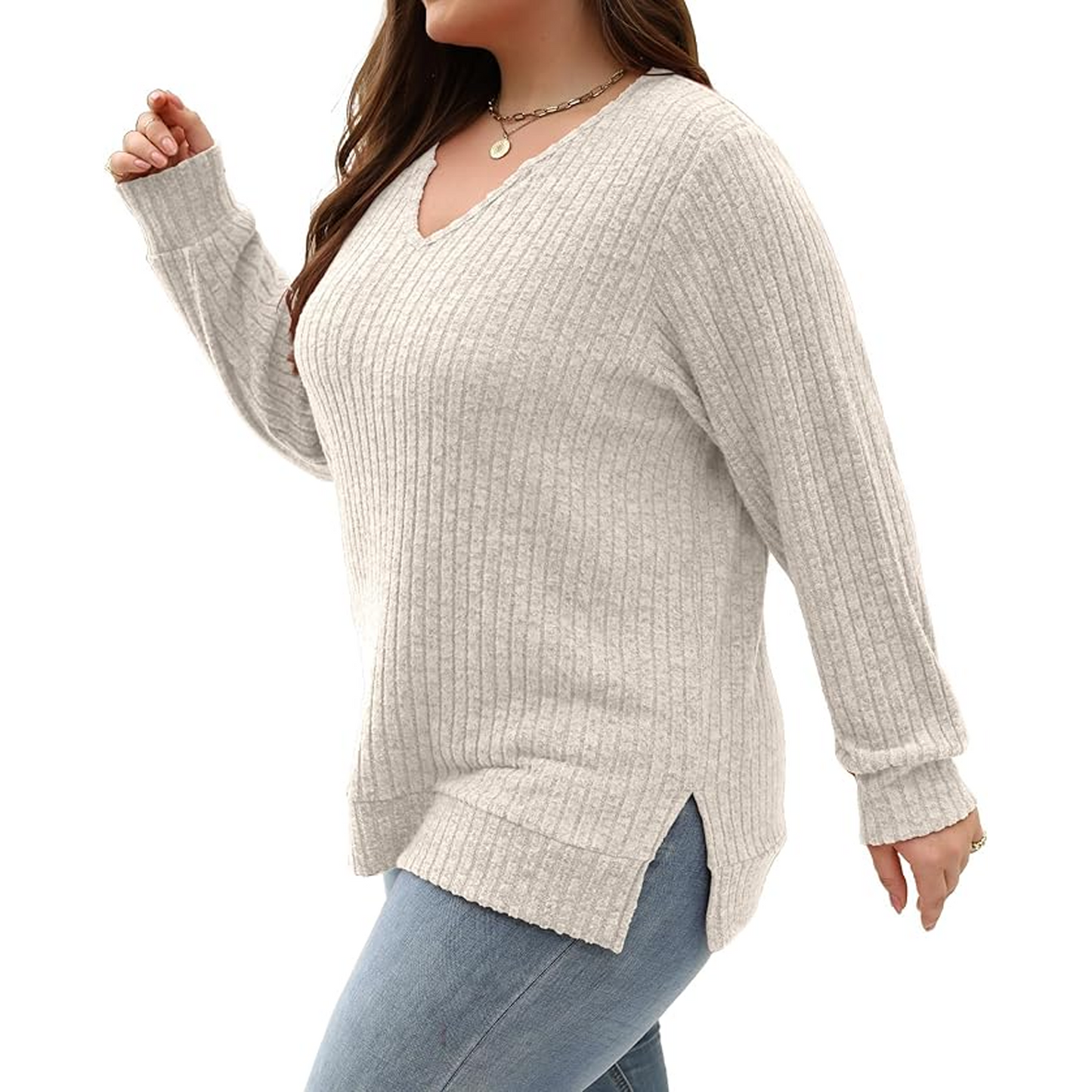 SOMER Plus Size Tops For Women Casual Long Sleeve V Neck Lightweight Knitted Sweaters Loose Fit Plus Size Tunic Tops