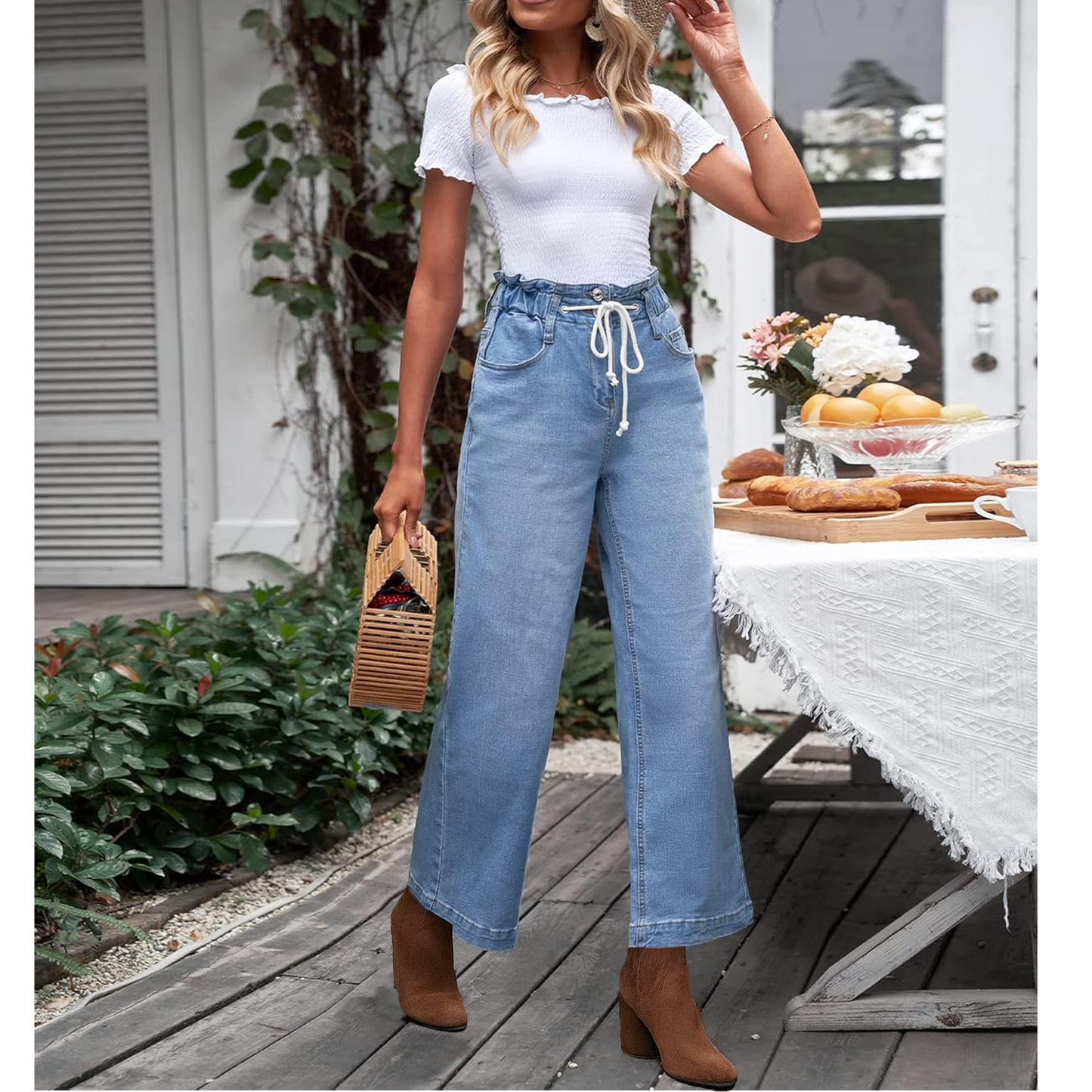 SOMER Wide Leg Jeans for Women Stretch High Wasited Elastic Waist Bell Bottom Baggy Pants