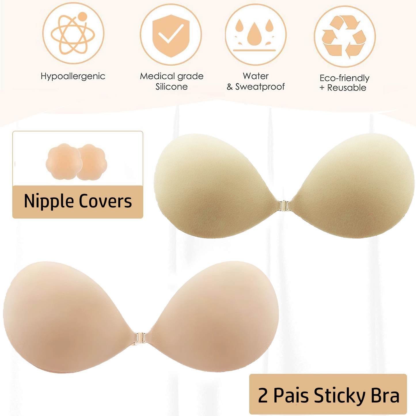 SOMER 2 Pairs Backless Bra, Sticky Bra, Reusable Adhesive Bra, Strapless Bras for Women, Push Up Backless Strapless Bra for Backless Dress Top, Adhesive Invisible Lift Up Bras with Nipple Covers