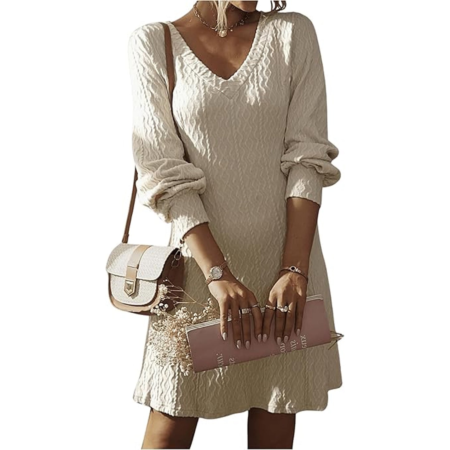 SOMER Womens Dress V-Neck Casual Dresses for Women Ripple Sweater Dress, Dresses for Women 2025 Elegant Classy Fall and Winter Long Sleeve Dress