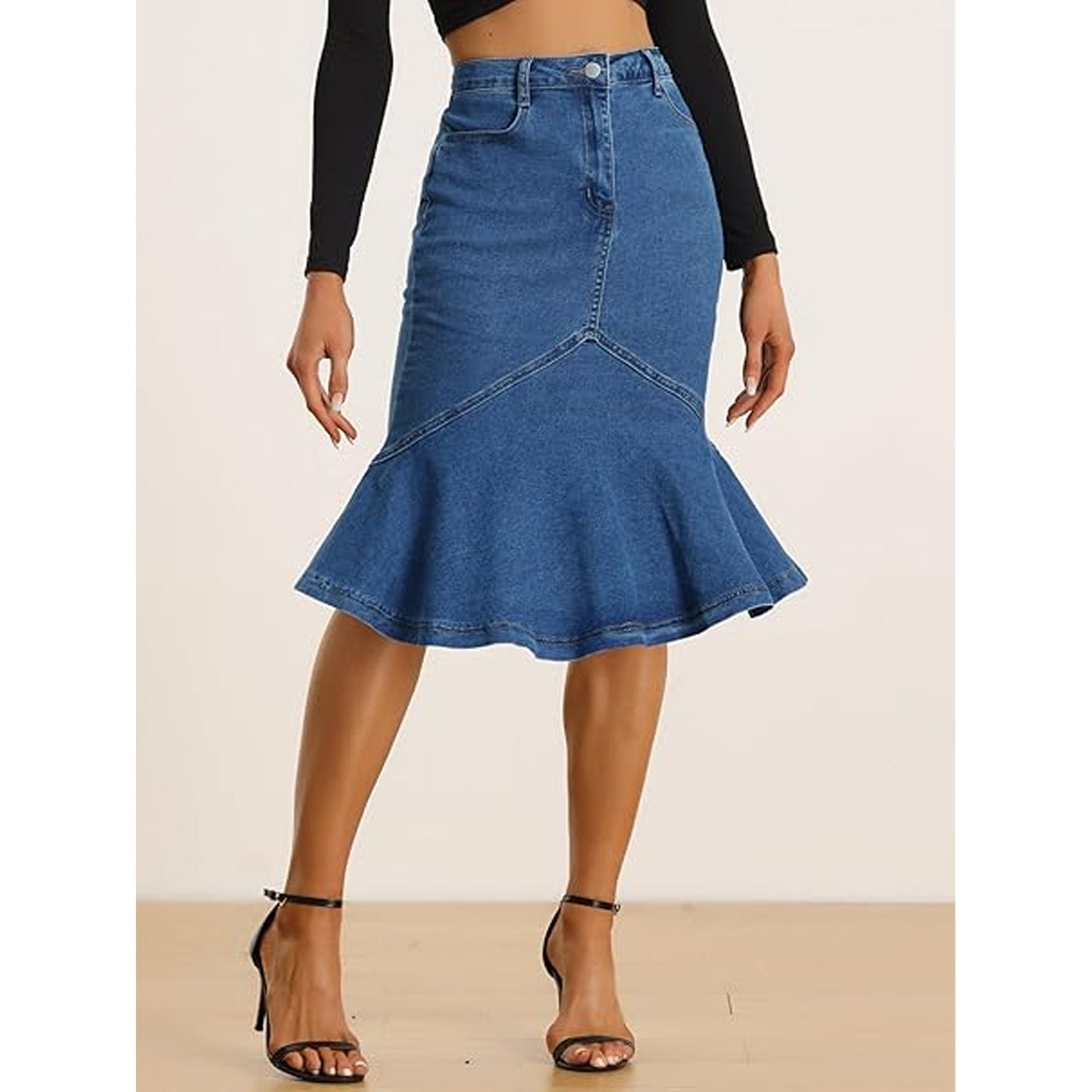 SOMER Women's Denim Mini Skirt Jean High Waisted Bodycon with Ruffles Casual Business Youth Midi Length Jean Skirt Blue