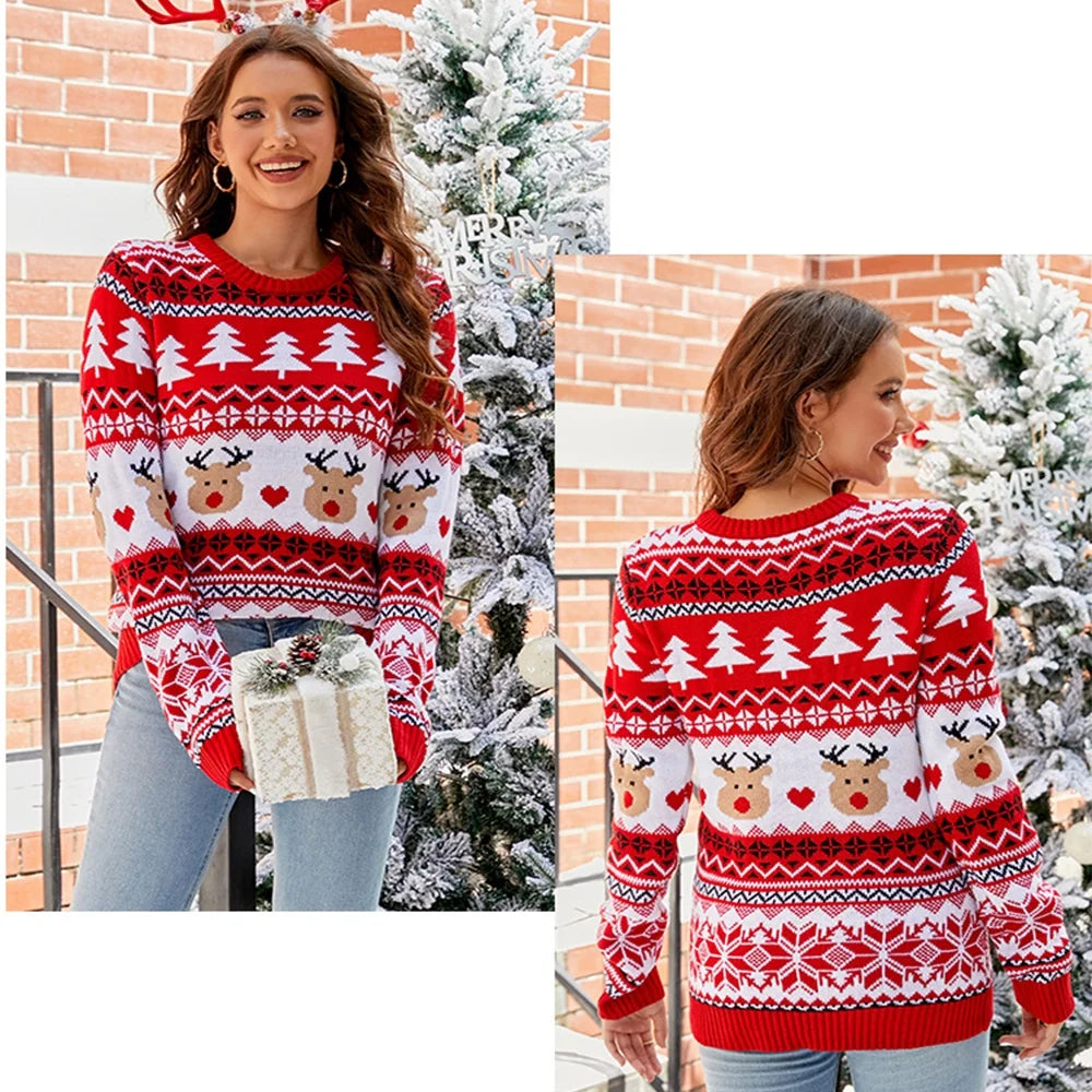 SOMER Women's Christmas Sweater Reindeer Xmas Tree Snowflake Festival Ugly Knit Sweater Holiday Long Sleeve Elk Pullover