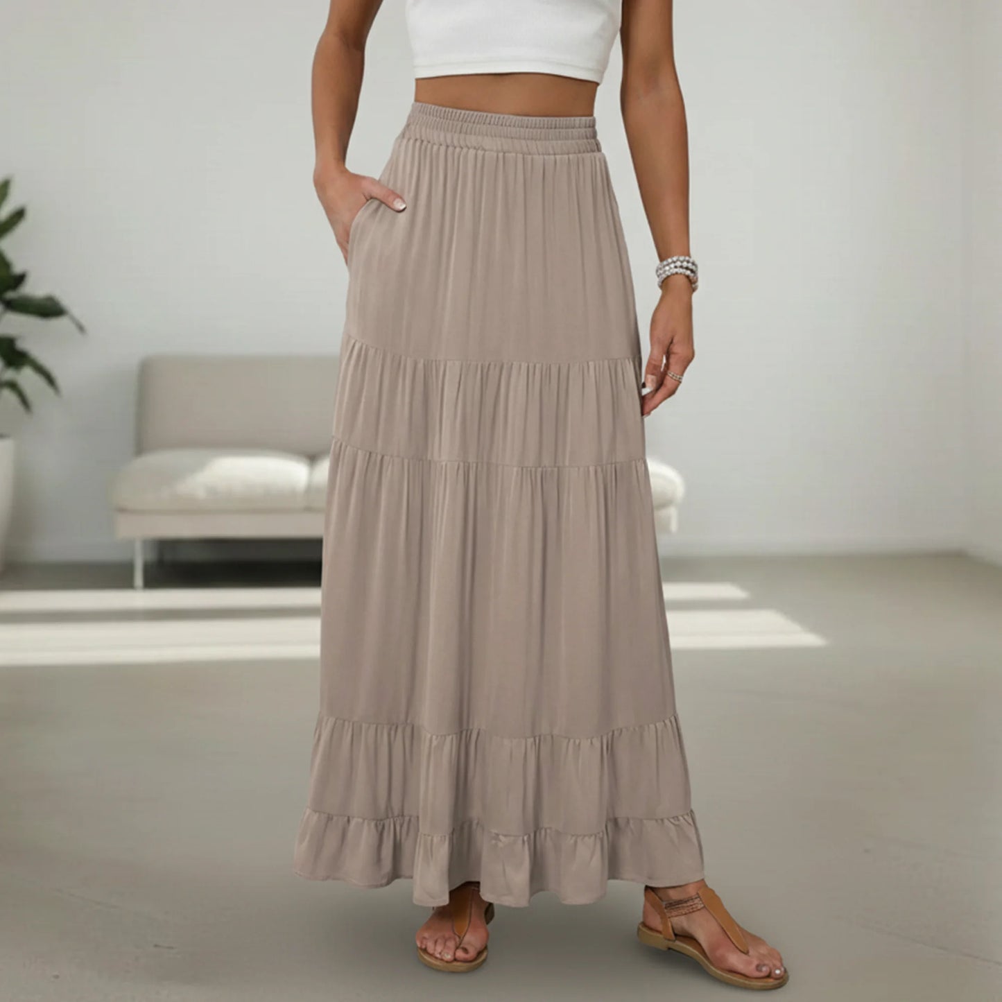 SOMER Skirts for Women Elastic High Waist Maxi Skirt A-line Flowy Pleated Dressy Casual Beach Vacation Long Skirts with Pockets Brown