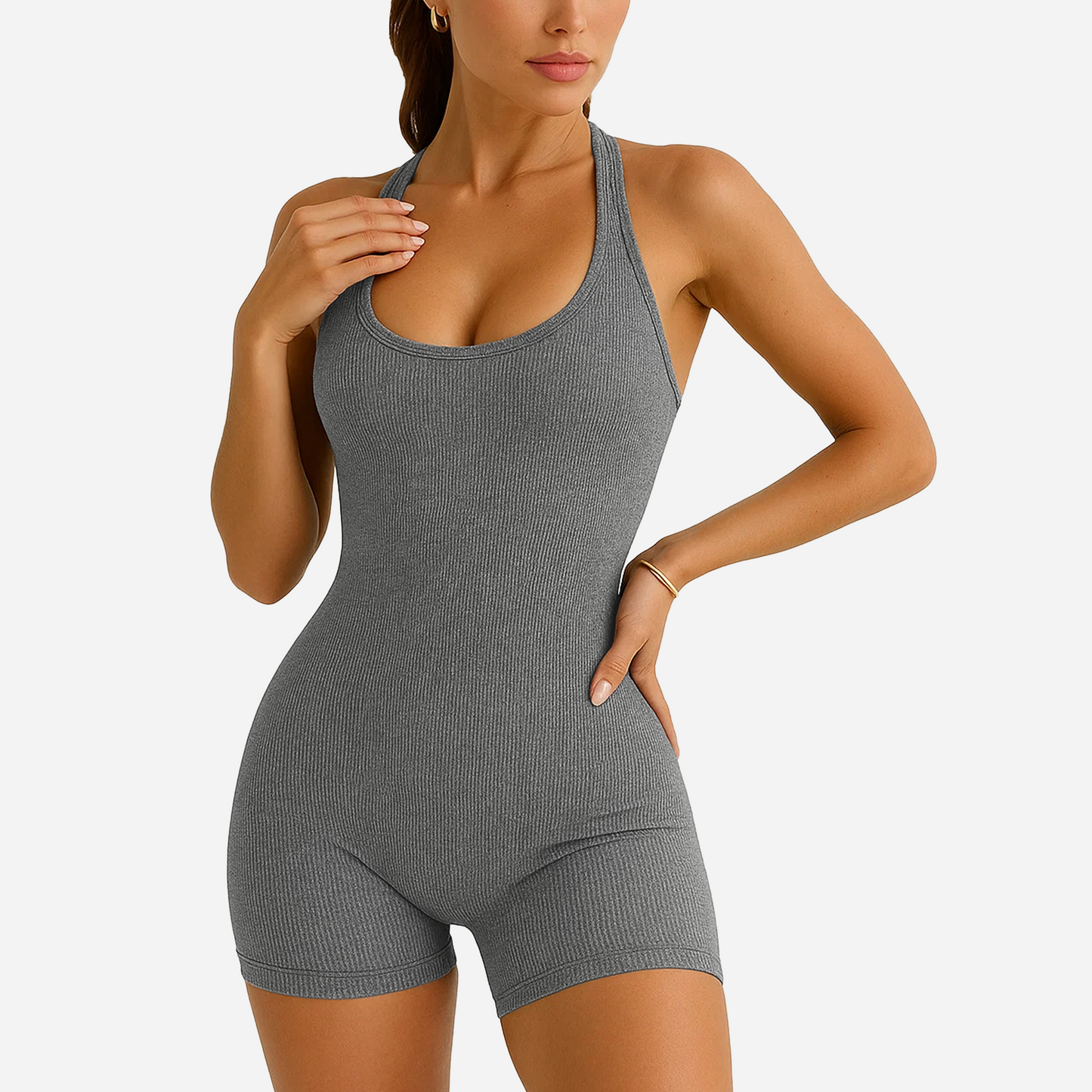 SOMER Women Bodysuit 2 Piece Crew Neck Halter Neck Body Suit Tummy Control Sleeveless Tops Bodysuits for Women Black+Grey