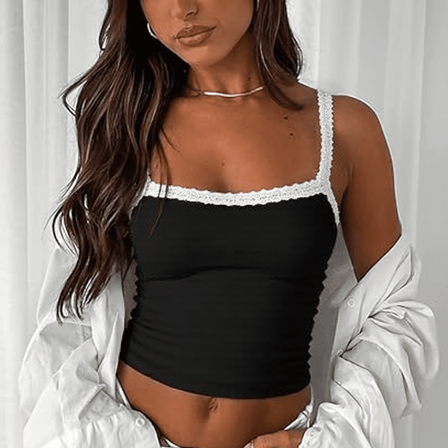 SOMER Women's Tank Top Lace Trim Ribbed 2025 Summer Square Neck Sleeveless Cropped Camisole, Stretchy Slim Fit Basic Cami for Casual Club Party Layering