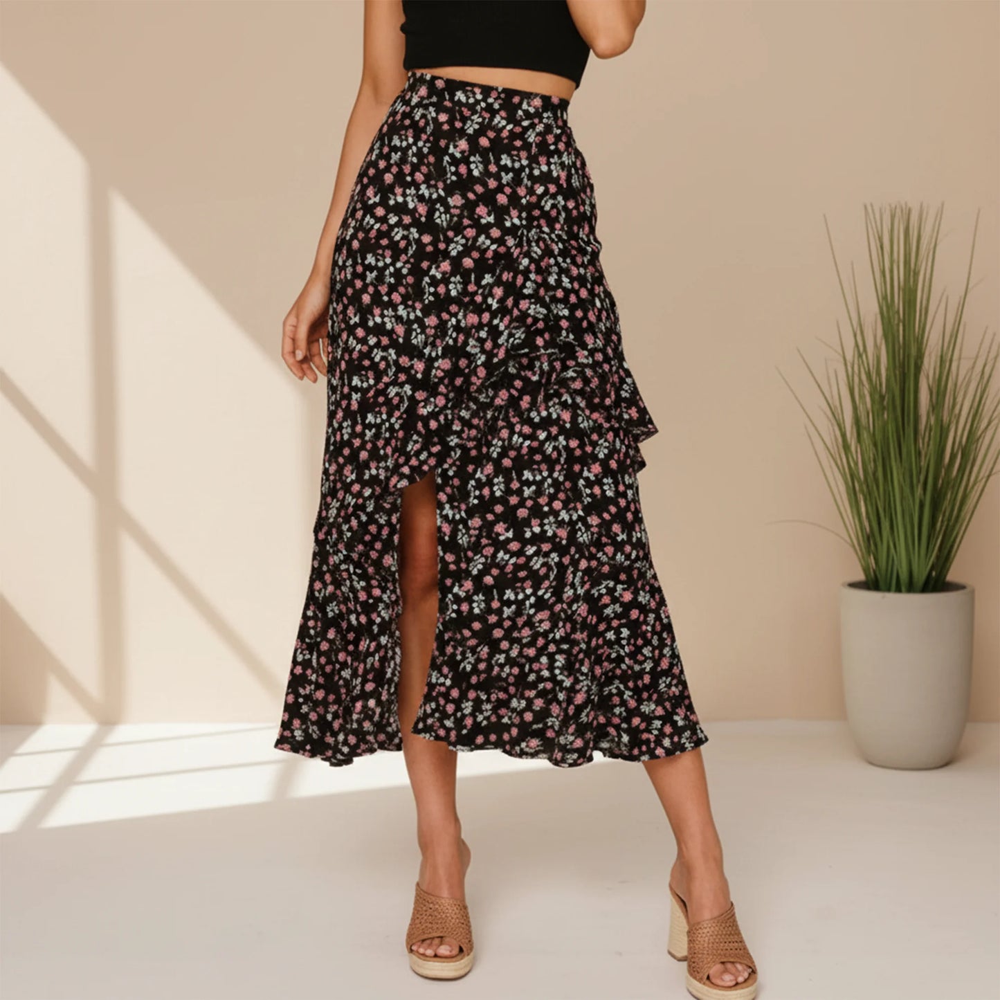 SOMER Women Summer Skirts Boho Long Skirts Dress Floral Print Elastic Waist Split Ruffle High Low Beach Maxi Skirt Fall 2026 Black Print XL