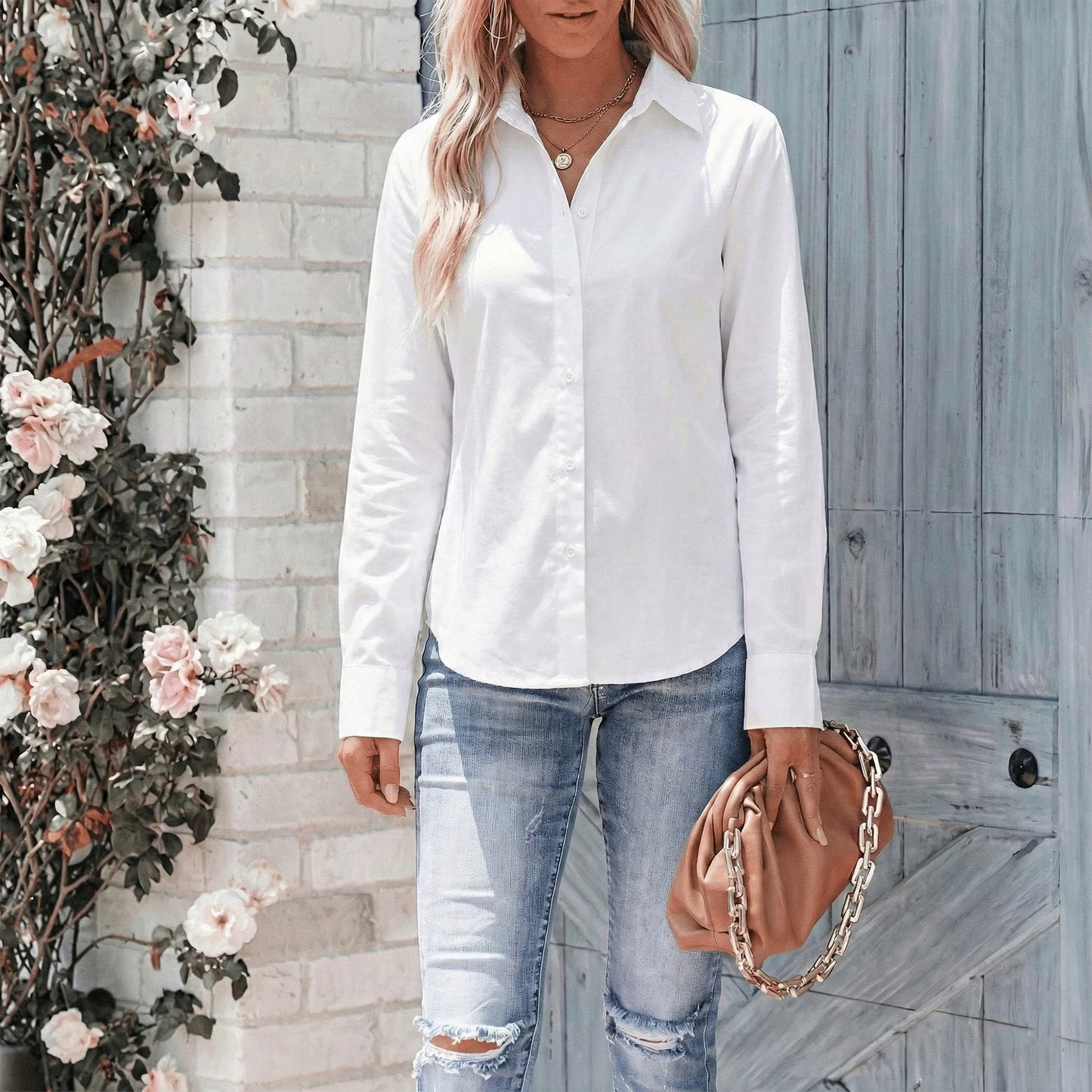 SOMER Women's White Button Down Shirts for Women Long Sleeve Dress Shirts Wrinkle Free Collared Work Office Solid Blouses Tops