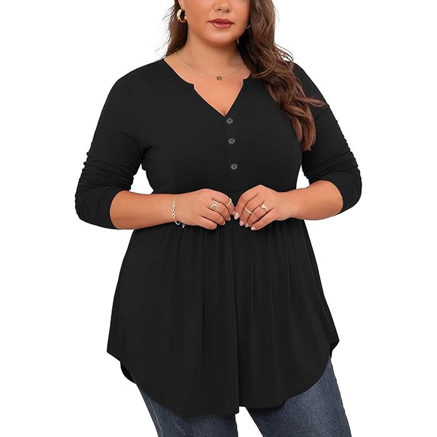 SOMER Plus Size Tops Women Blouses Shirts V Neck Button Tunic Tops Casual Long Sleeve Swing Flowy Blouse