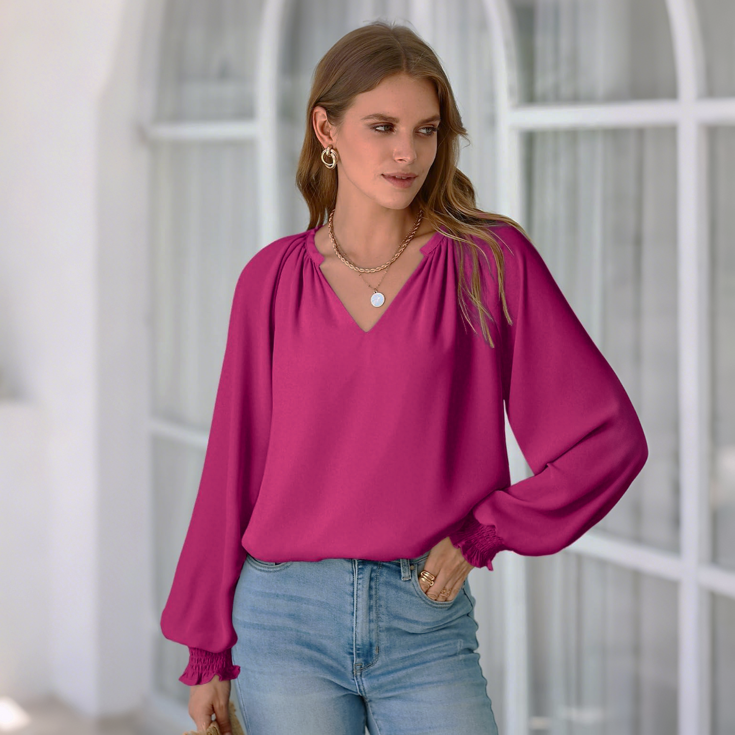 SOMER Blouses for Women Dressy Casual, Trendy V Neck Long Sleeve Shirts for Women, Elegant Casual Womens Fall Tops Pleated Cuffs 2025
