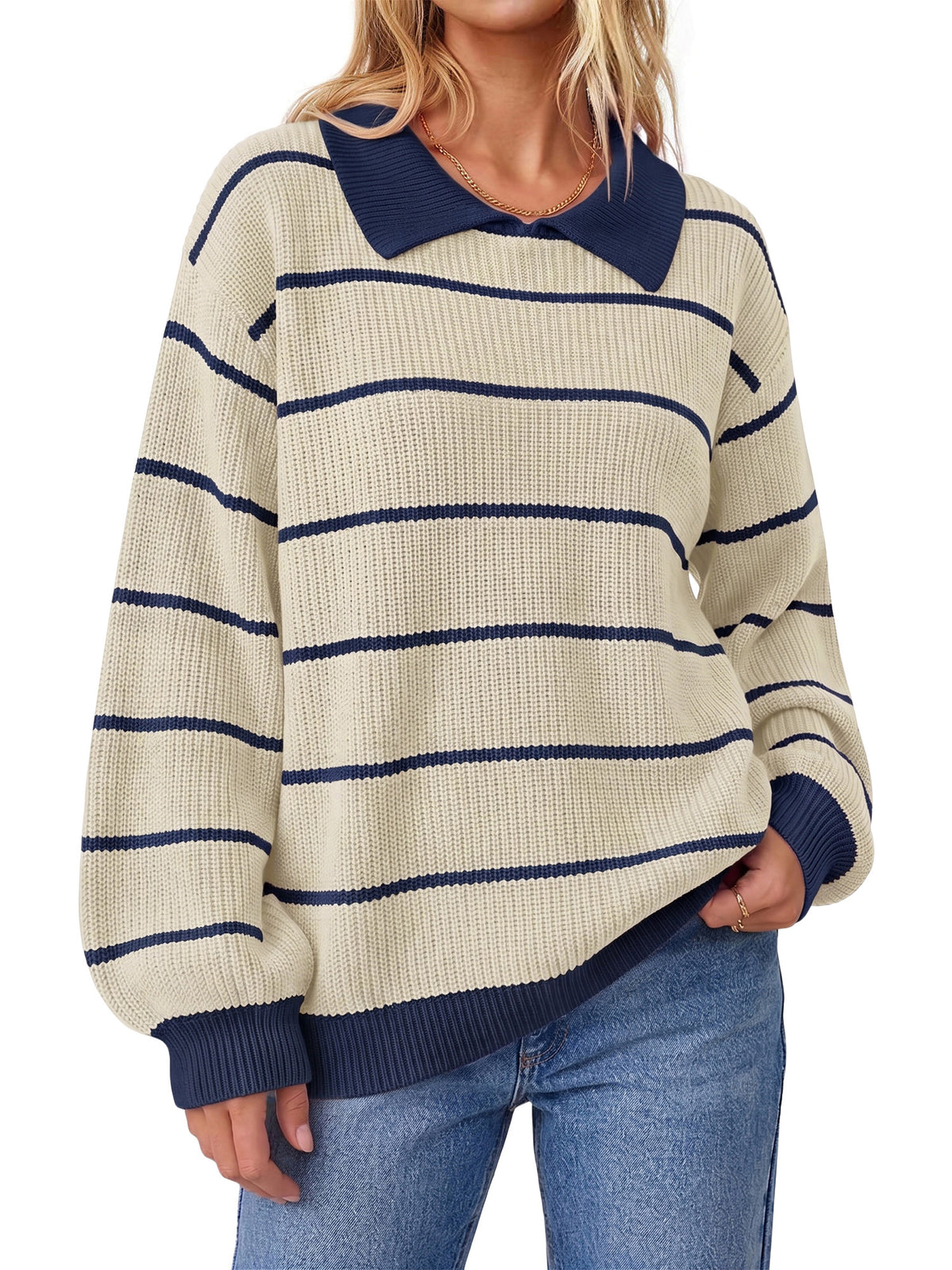 SOMER Women's Striped Collared Sweater Oversized Long Sleeve Knit Pullover Top, Casual Preppy Polo Style