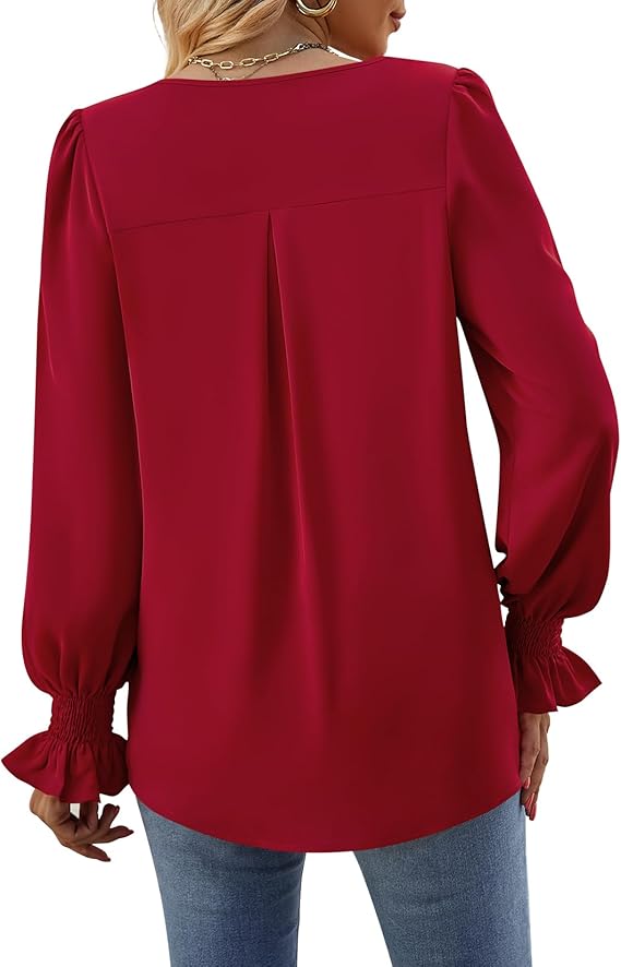 SOMER Shirts Long Sleeve Shirts for Women Tops Dressy Casual V Neck Tunic Shirts Loose Chiffon Work Blouse.