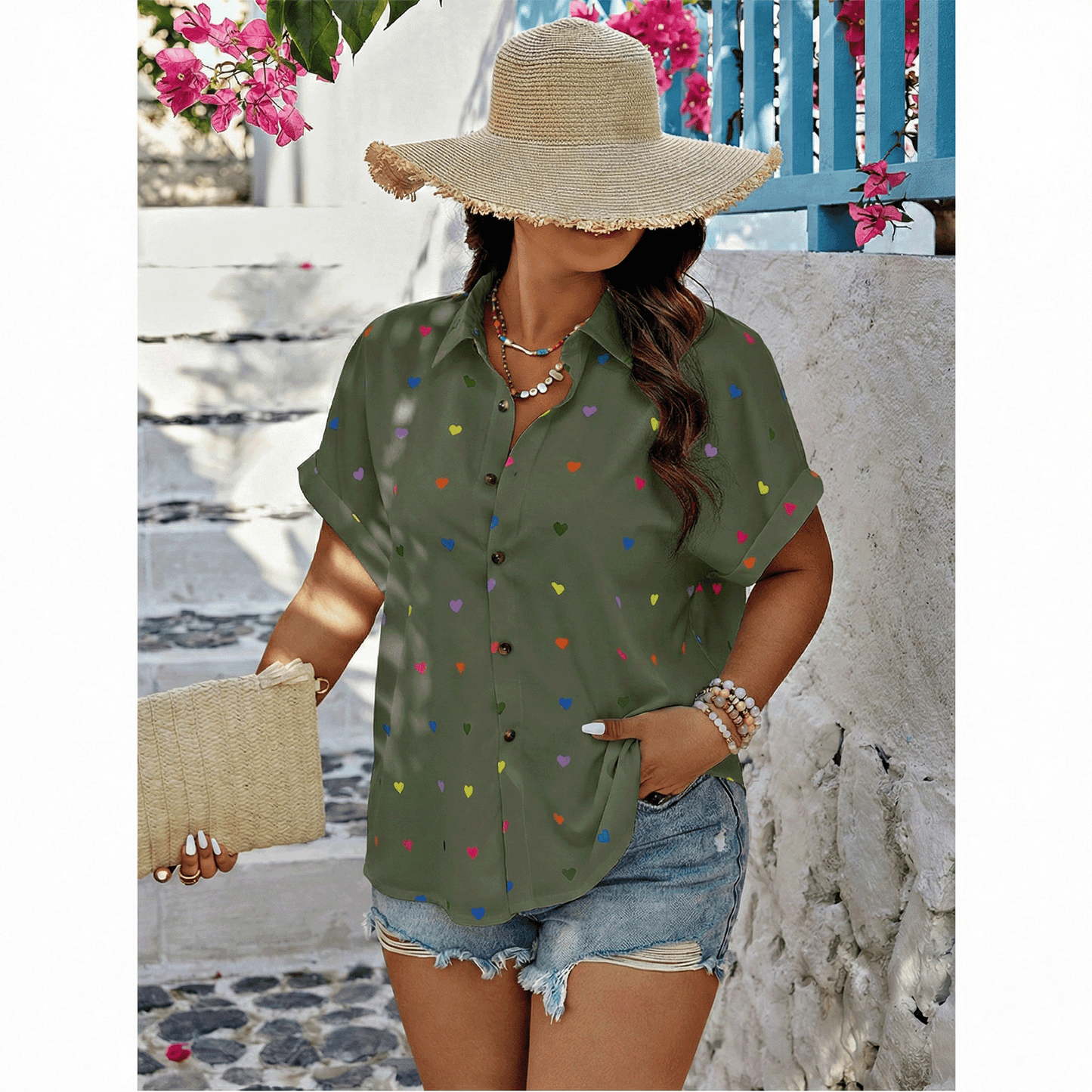 SOMER Plus Size Button Down Shirts for Women Blouses Short Sleeve V Neck Cute Heart Print Shirts Casual Summer Vacation Tops Loose Fit