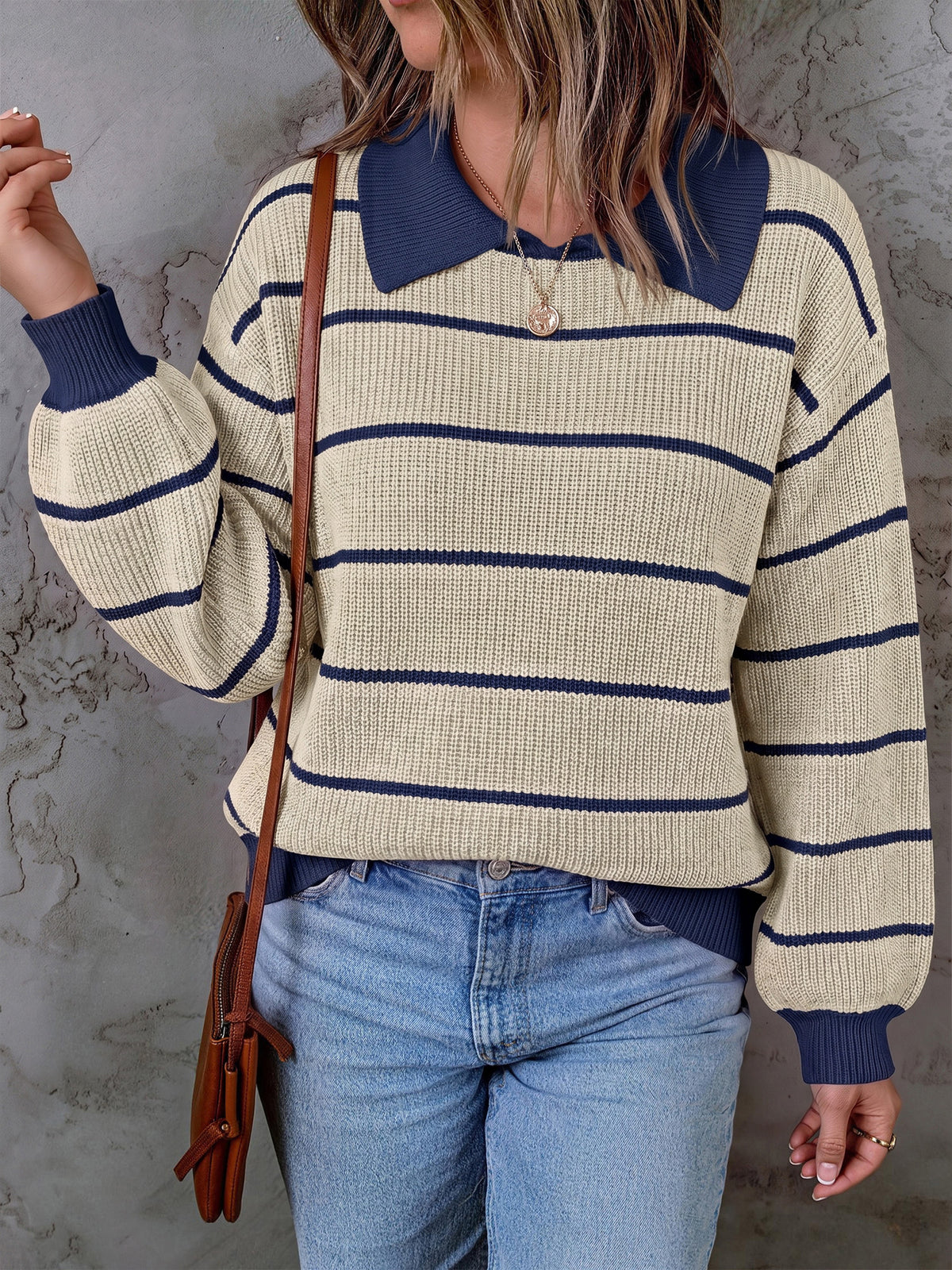 SOMER Women's Striped Collared Sweater Oversized Long Sleeve Knit Pullover Top, Casual Preppy Polo Style