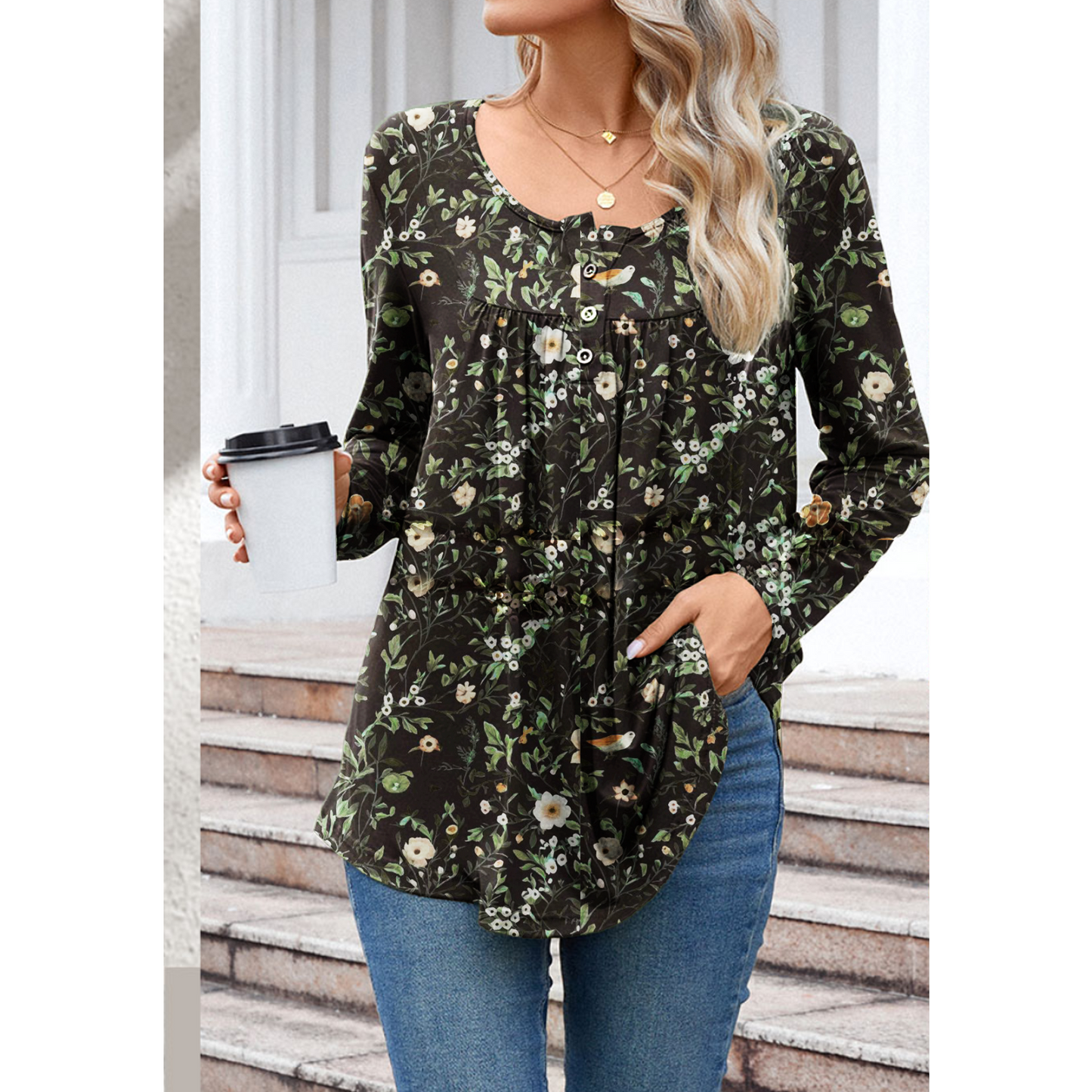 SOMER Boho Tops For Women Long Sleeve Shirts Dressy Casual Blouses With Printed Pleated Button Tunic Tops for Going Out, 2025 Fall Trendy