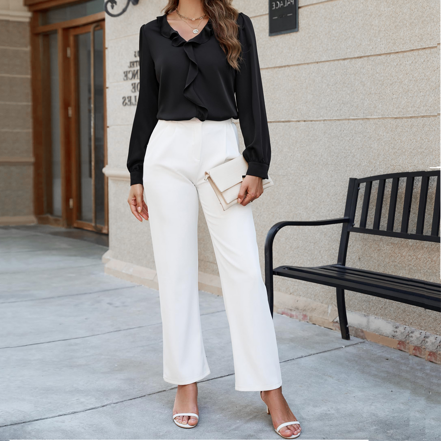 SOMER Long Sleeve Shirts for Womens Tops Ruffle V Neck Peplum Blouses for Women Dressy Casual Black Business Spring Elegant