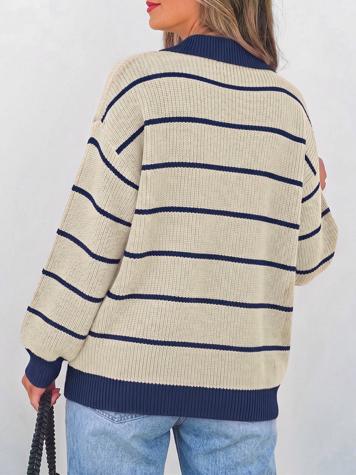 SOMER Women's Striped Collared Sweater Oversized Long Sleeve Knit Pullover Top, Casual Preppy Polo Style