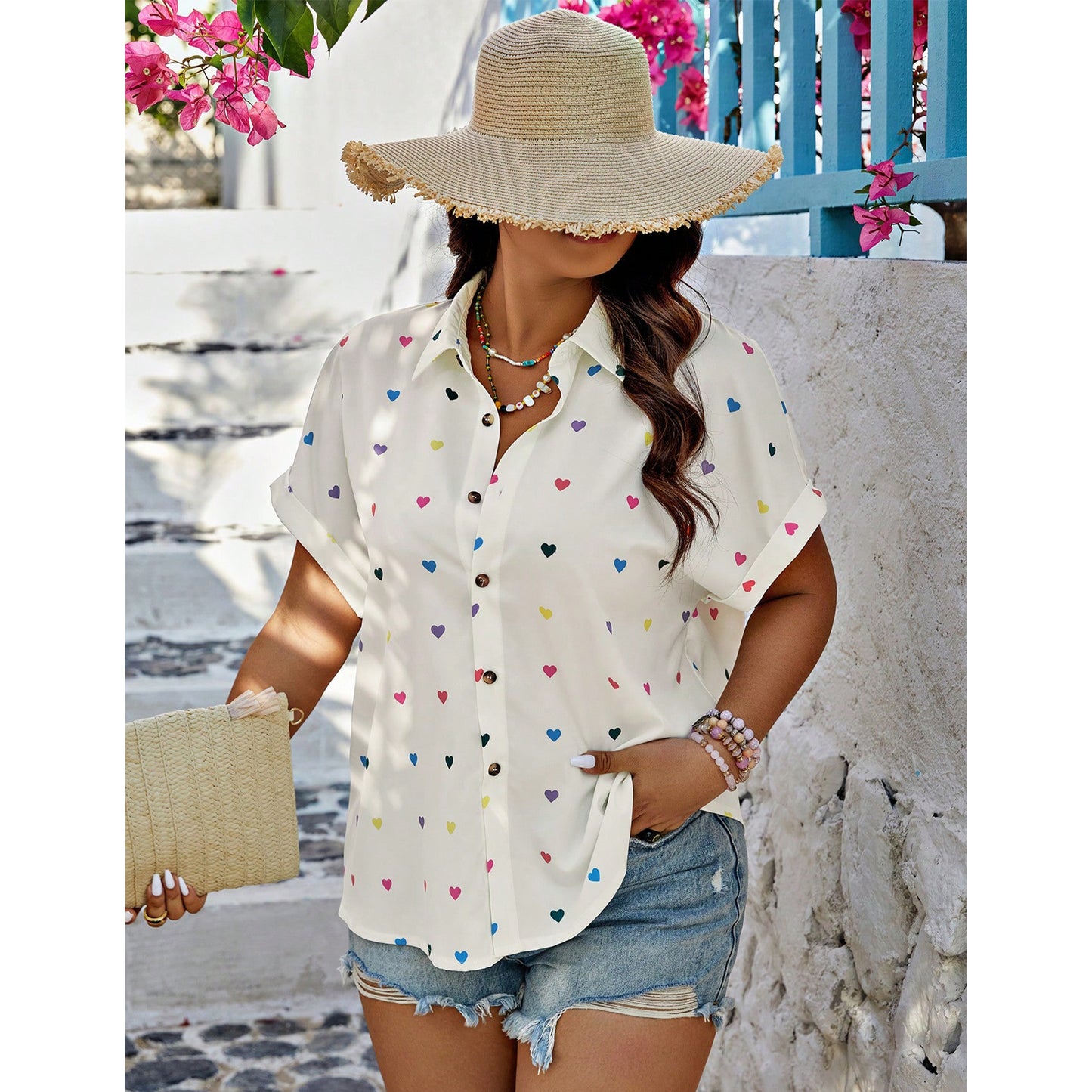 SOMER Plus Size Button Down Shirts for Women Blouses Short Sleeve V Neck Cute Heart Print Shirts Casual Summer Vacation Tops Loose Fit