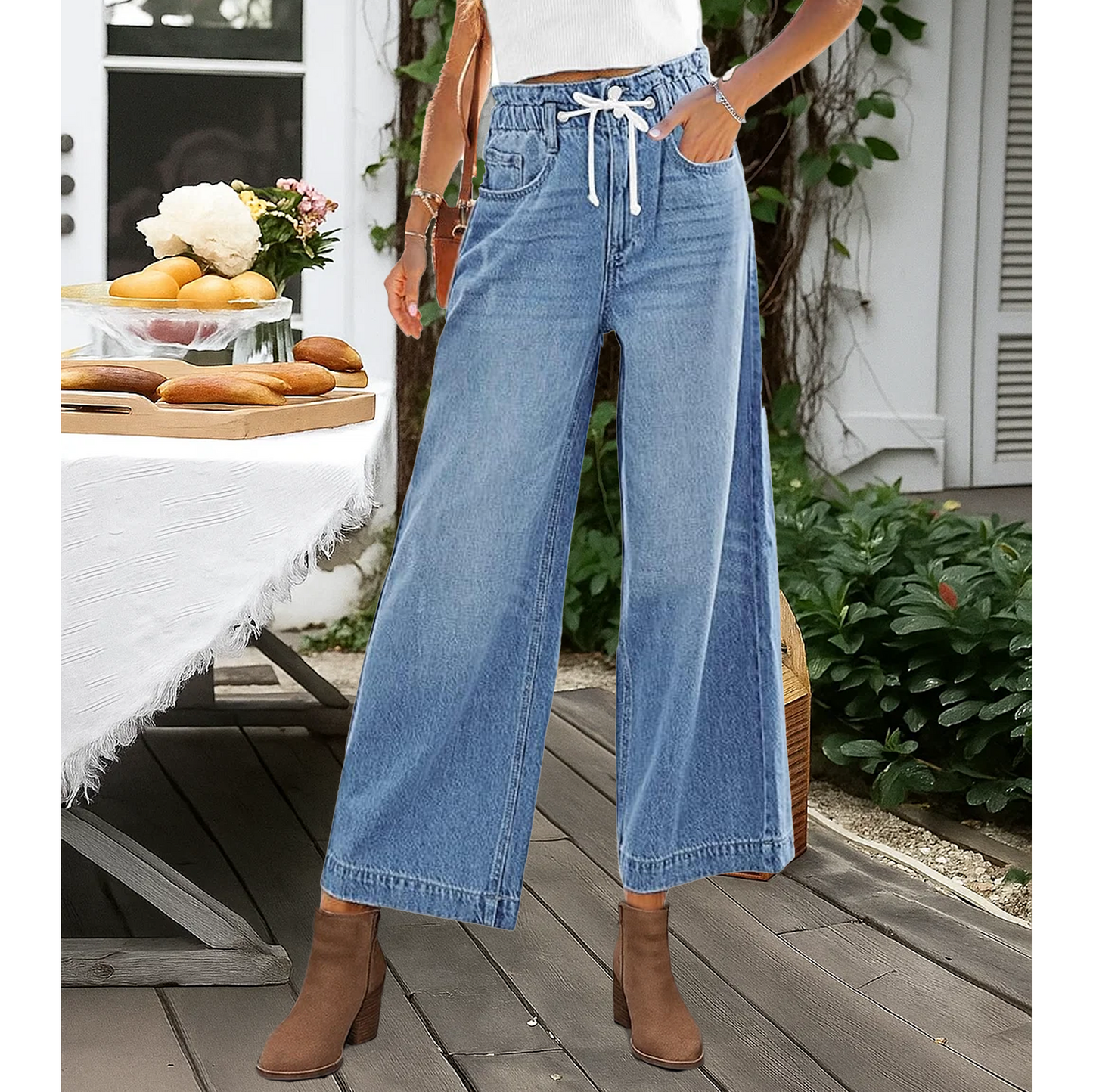 SOMER Wide Leg Jeans for Women Stretch High Wasited Elastic Waist Bell Bottom Baggy Pants