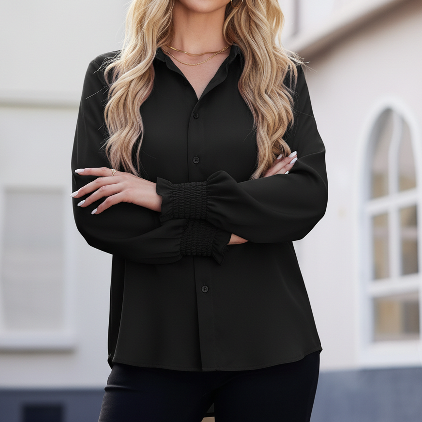 SOMER Button Down Shirts for Women Long Sleeve Womans Tops Smocked Cuffed Blouses for Women Dressy Collared Casual Shirts with Pocket