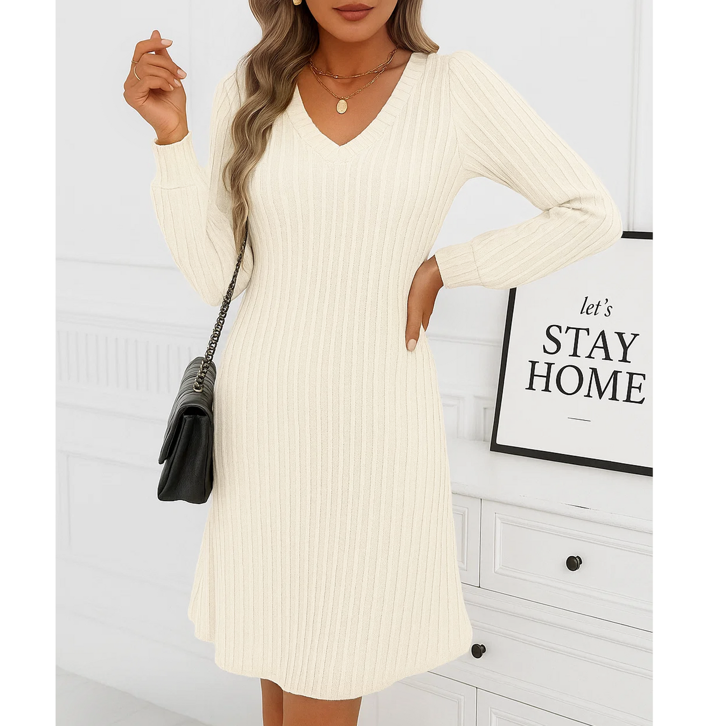 SOMER Women Dresses Plain Casual Long Sleeve Dress V Neck A-Line Pullover Wedding Guest Midi Dress for Fall Winter and Spring