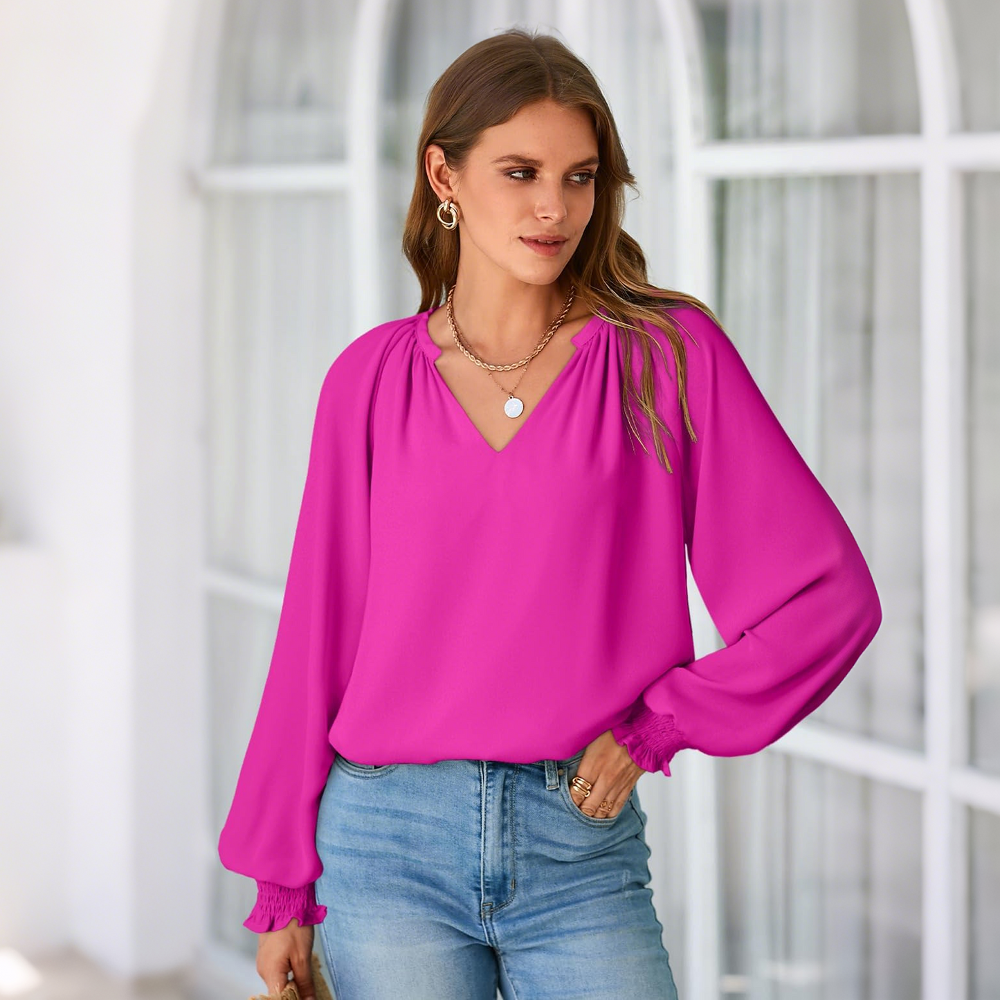 SOMER Blouses for Women Dressy Casual, Trendy V Neck Long Sleeve Shirts for Women, Elegant Casual Womens Fall Tops Pleated Cuffs 2025