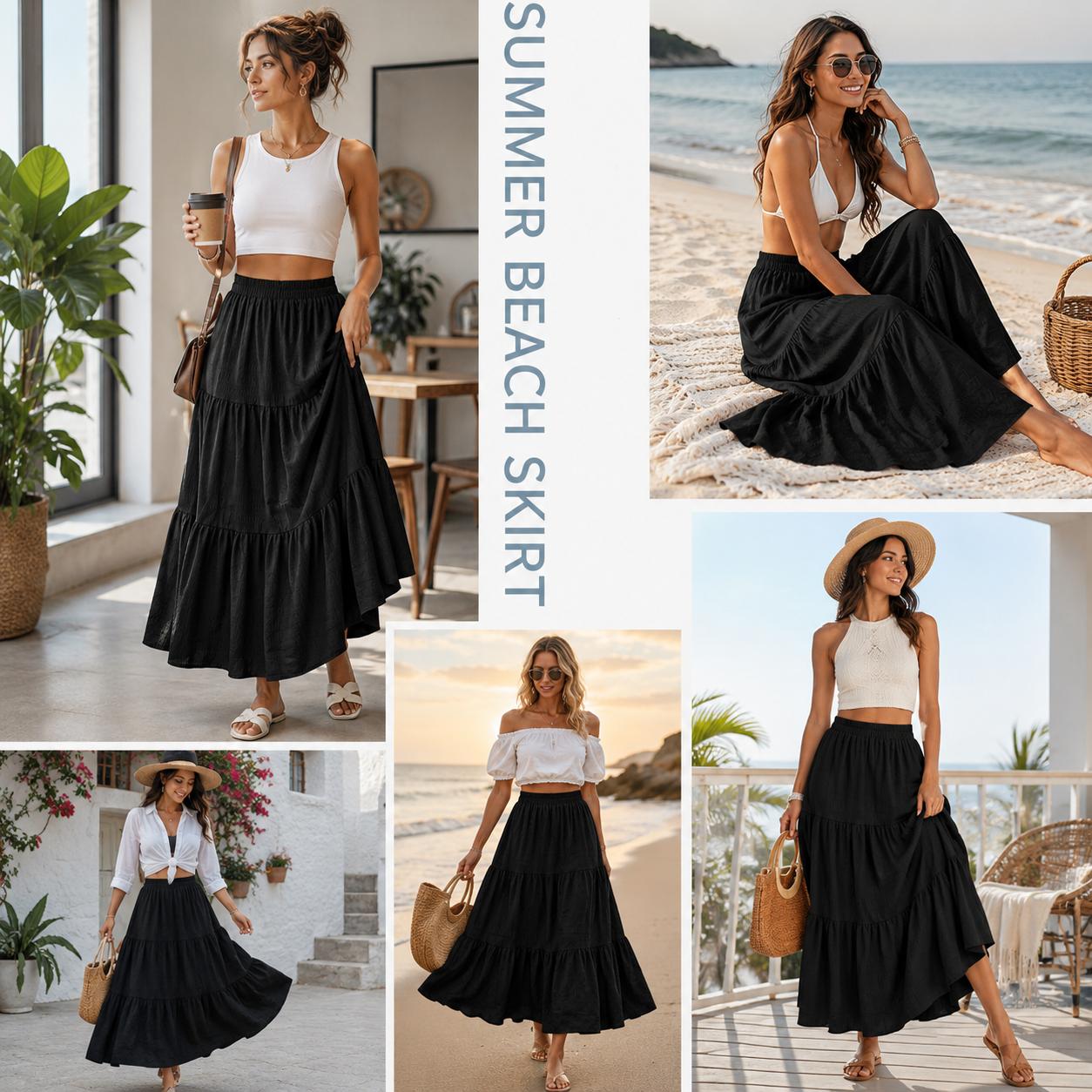 SOMER linen Skirts For Women Flowy Maxi Skirt Summer linen Pleated High Waisted Casual Long Skirts With Pockets