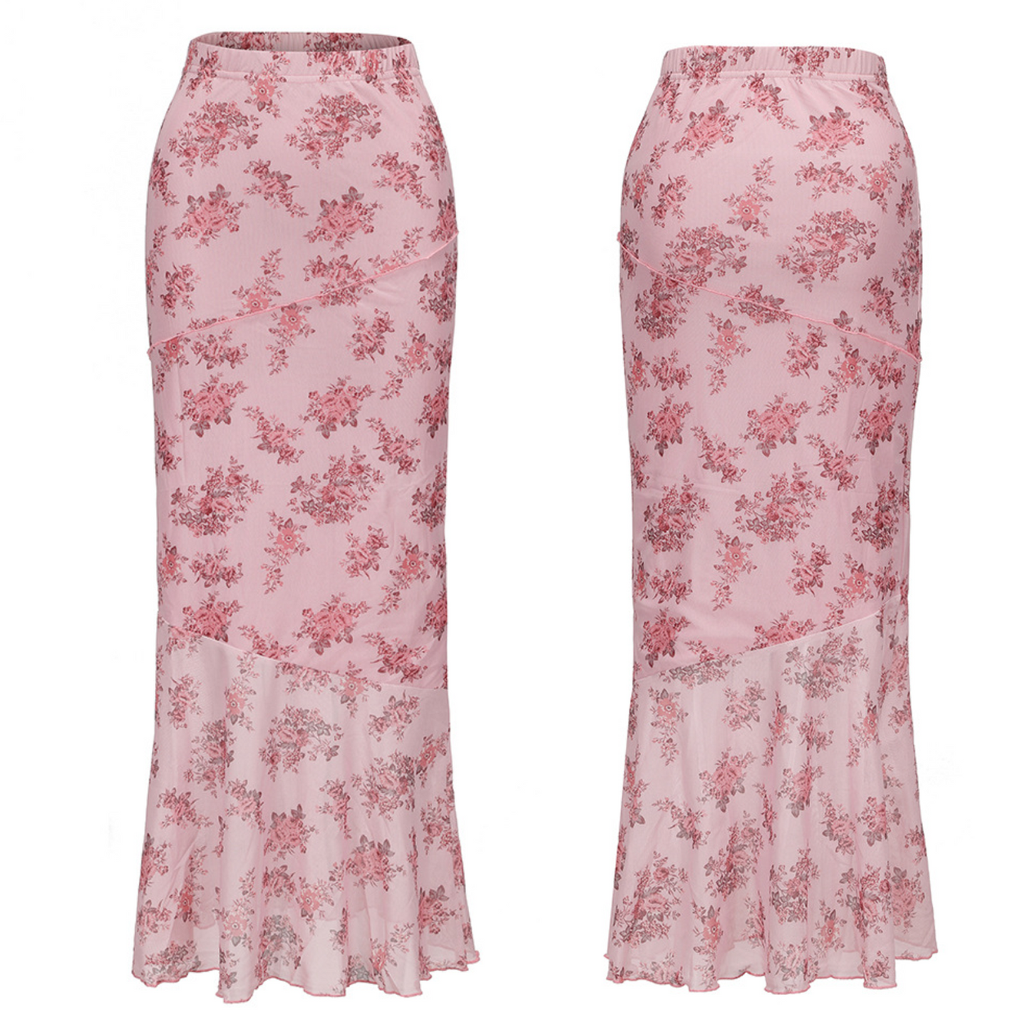 MLDRA Skirts For Women High Waist Floral Print Mermaid Skirt Vintage Ruffle Hem Midi Skirts