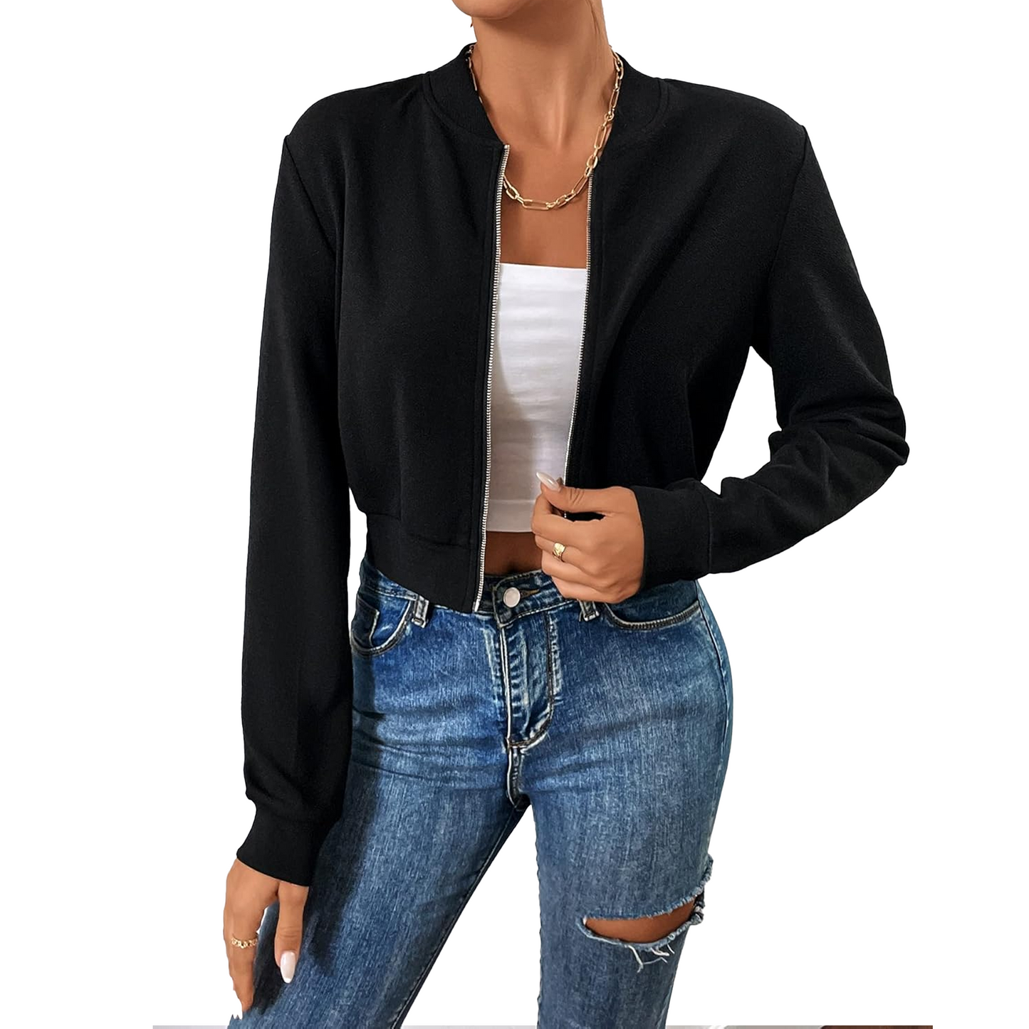 SOMER Bomber Jacket Women Lightweight Casual Zip Up Black Jacket Cropped Long Sleeve Fashion, Fall 2025