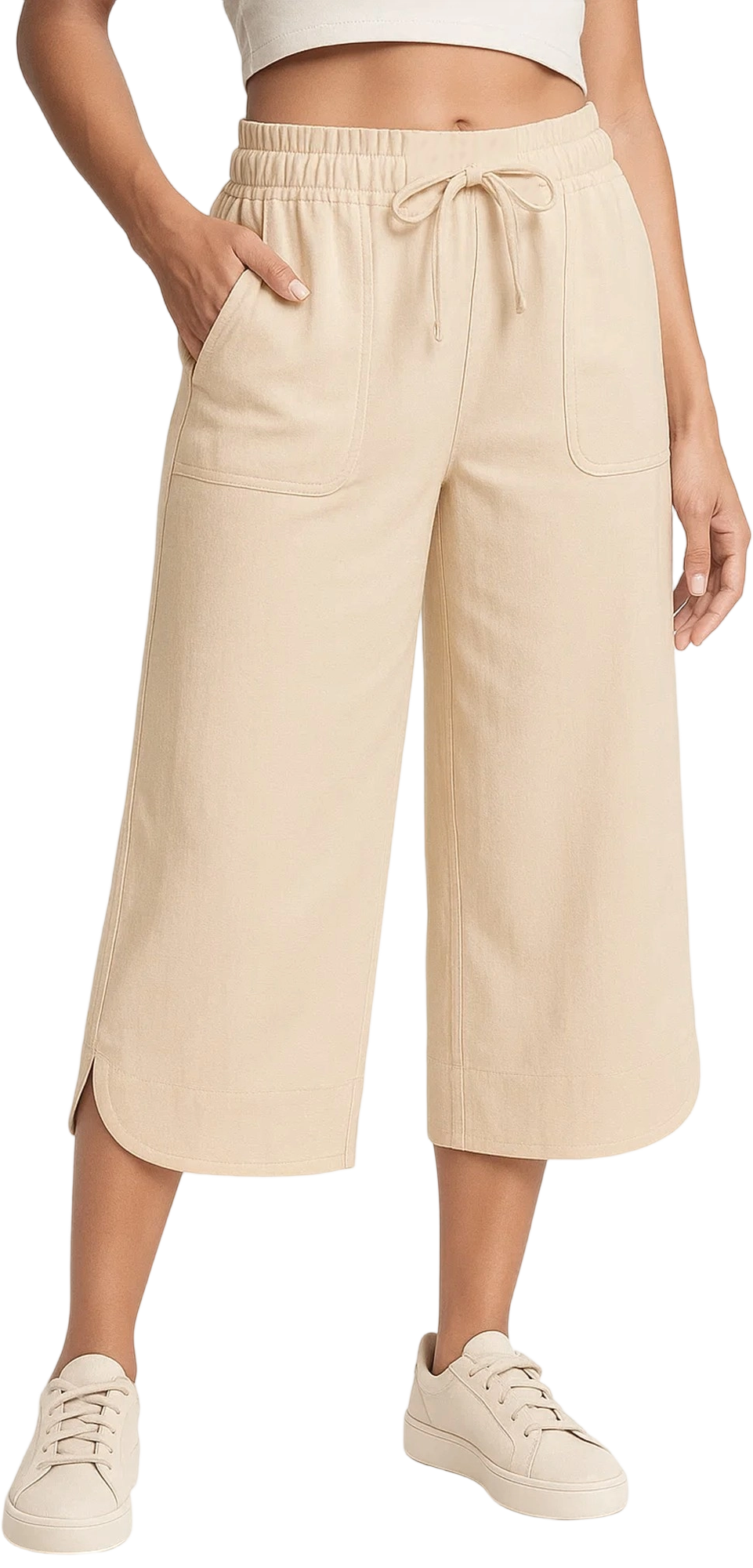 SOMER Linen Pants Women Wide Leg Cropped Capri Pants for Women with Drawstring High Waist Loose Fit Summer Beach Trousers with Pockets, Apricot