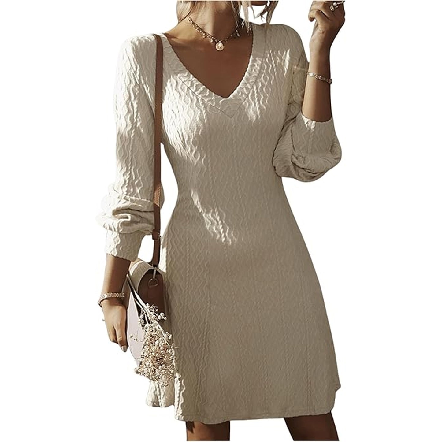 SOMER Womens Dress V-Neck Casual Dresses for Women Ripple Sweater Dress, Dresses for Women 2025 Elegant Classy Fall and Winter Long Sleeve Dress