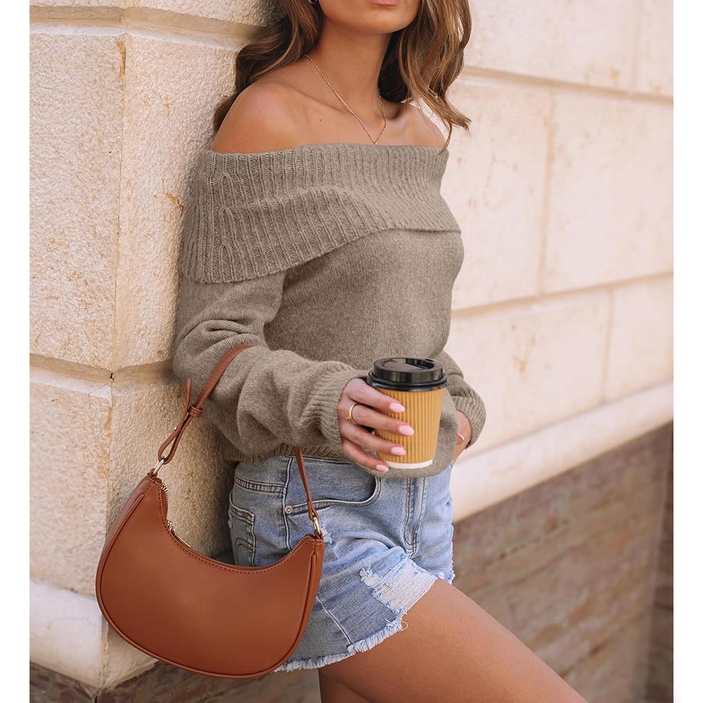 SOMER Off the Shoulder Sweater Knit Pullover Tops Sweaters for Women Long Sleeve Off The Shoulder Tops Casual Loose Winter Sweaters Apricot