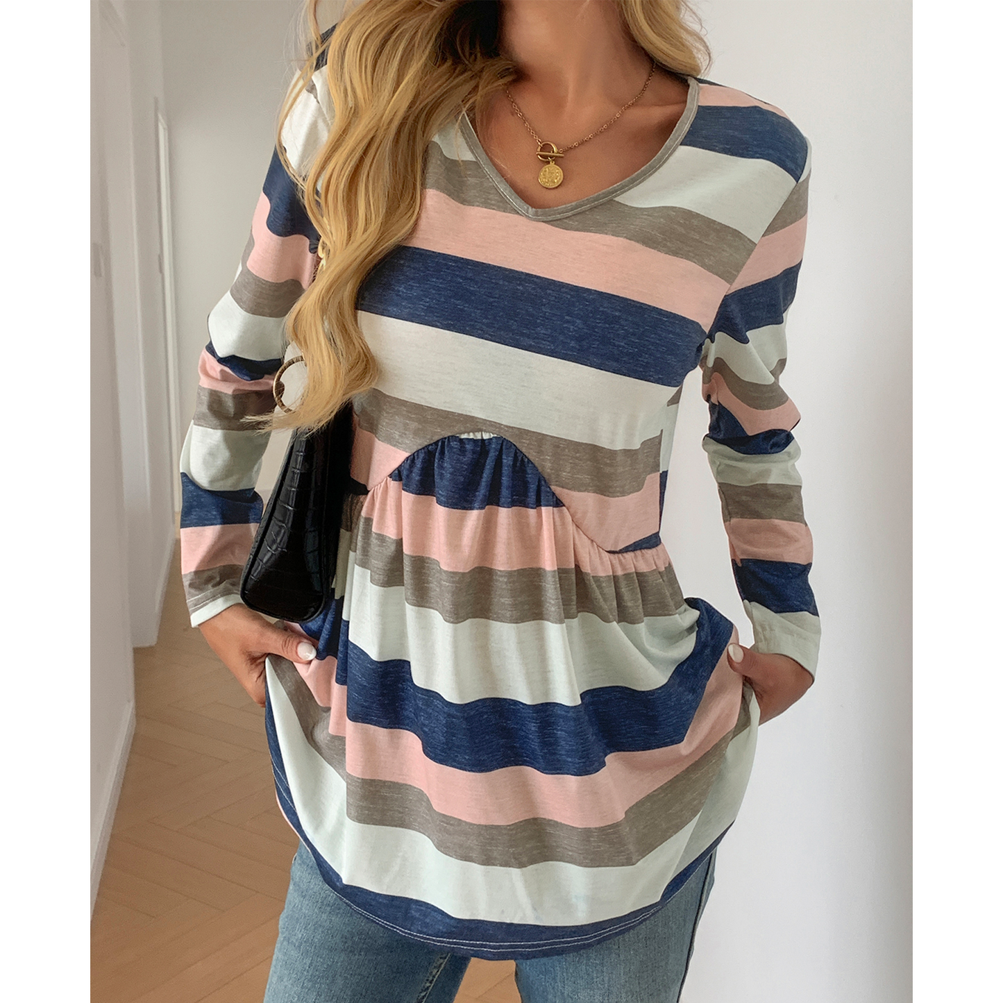 SOMER Women Stripe Tshirts Flowy Long Sleeve V Neck Tunic Top Trendy A-Line Blouses for Going out