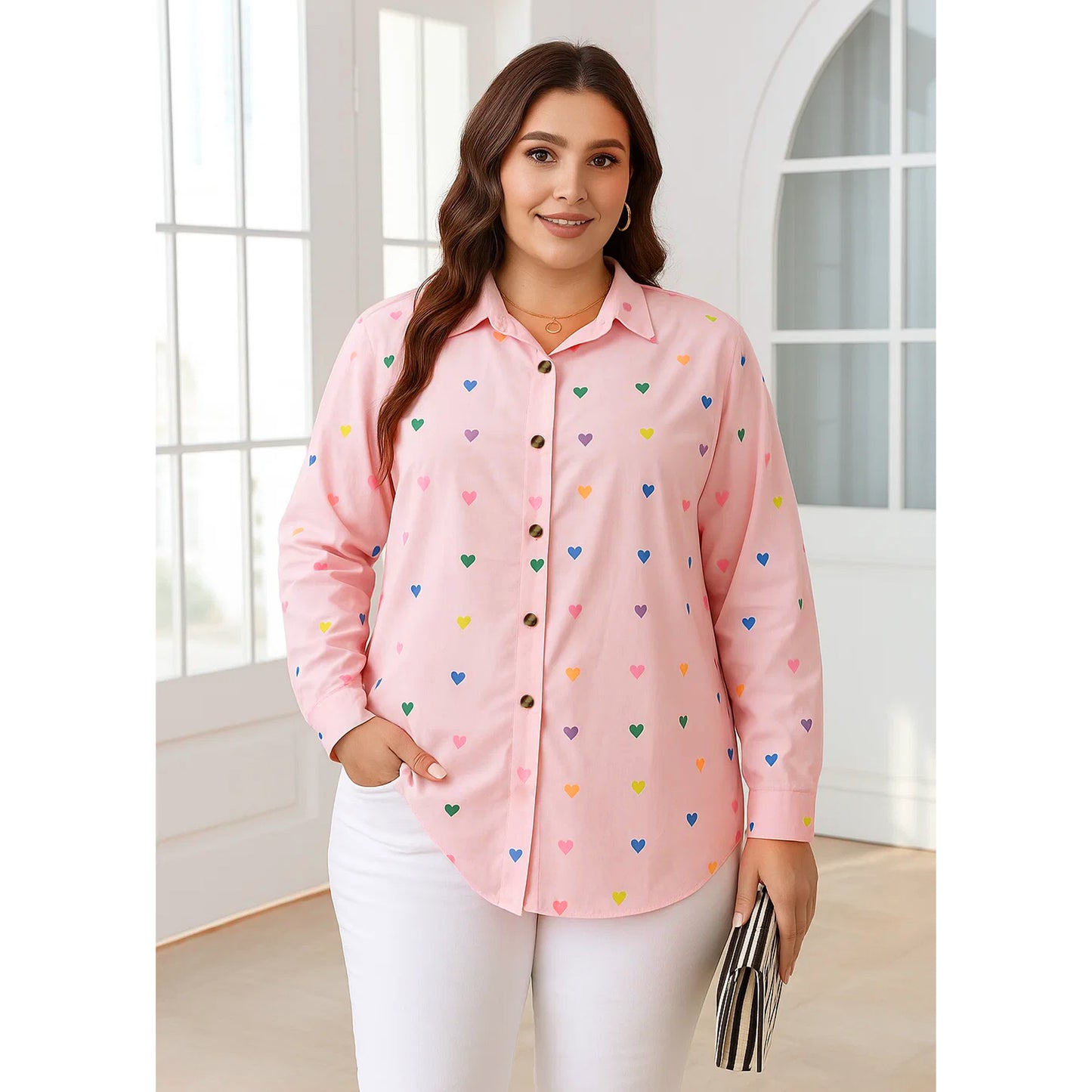 SOMER Plus Size Button Down Shirts for Women Blouses Short Sleeve V Neck Cute Heart Print Shirts Casual Summer Vacation Tops Loose Fit